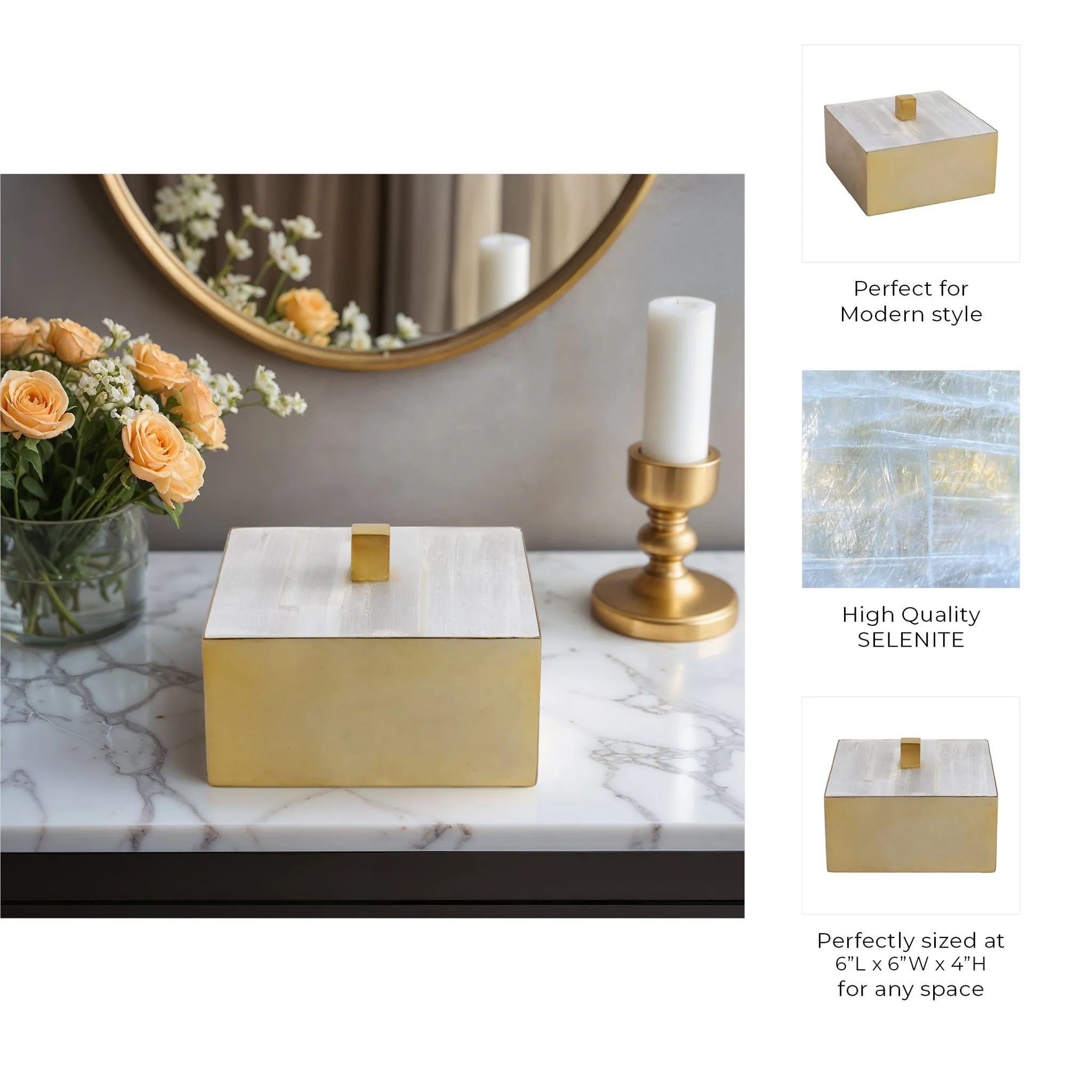 6" Square Selenite Top Box, White/gold - Image 6