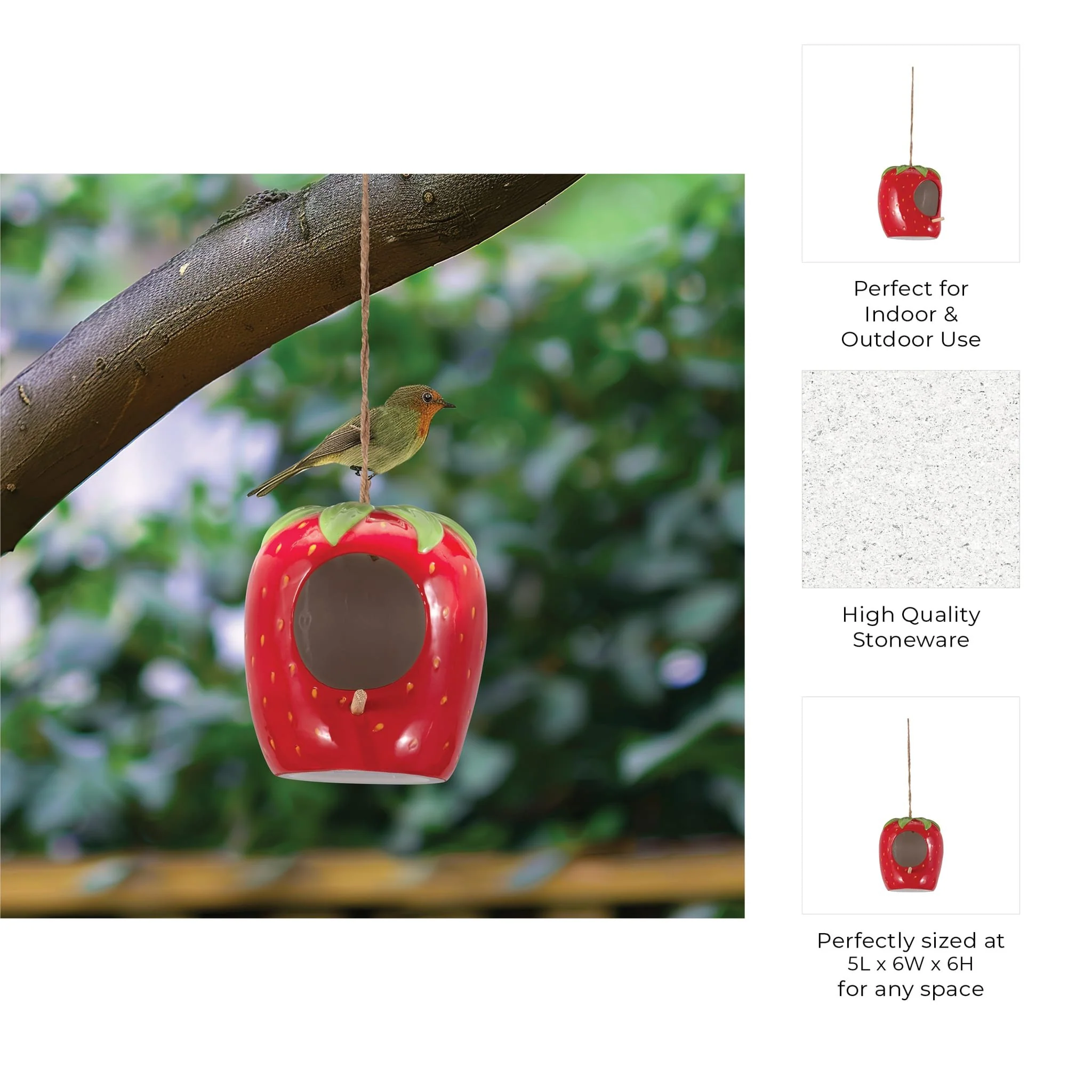 6" Strawberry Bird House/feeder, Red/green - Image 9