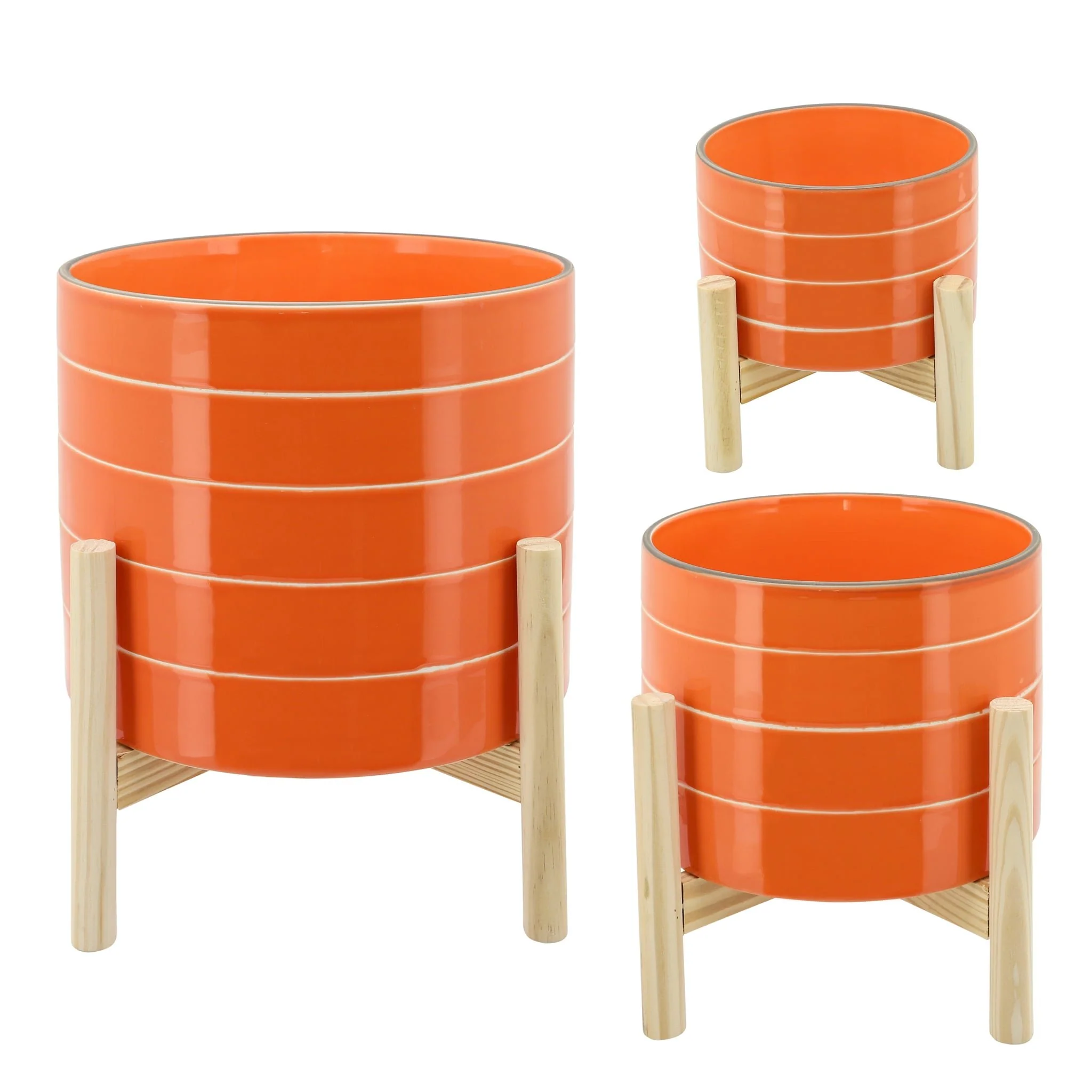 6" Striped Planter W/ Wood Stand, Orange - Image 2