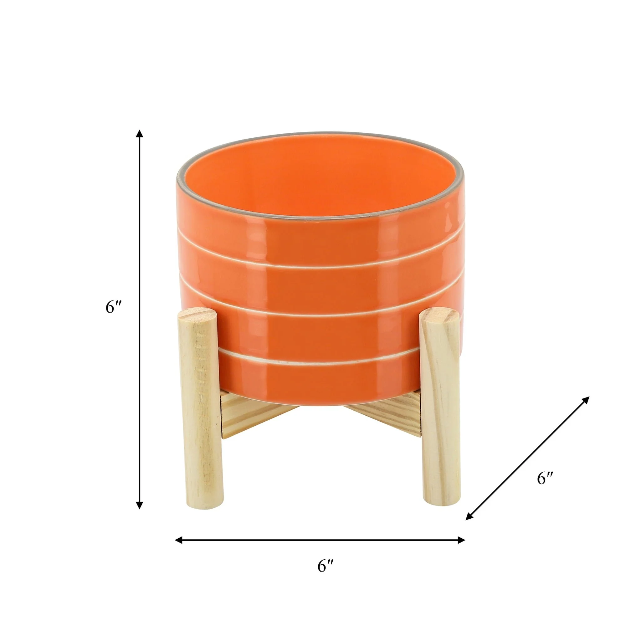 6" Striped Planter W/ Wood Stand, Orange - Image 3