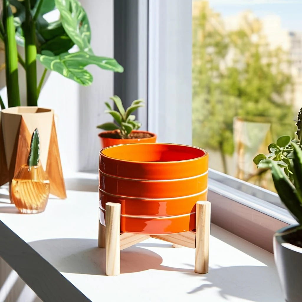 6" Striped Planter W/ Wood Stand, Orange - Image 5