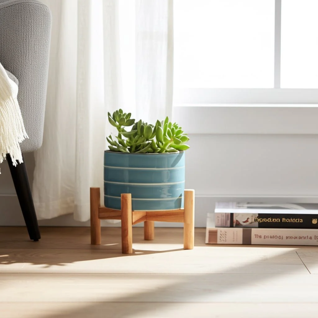 6" Striped Planter W/ Wood Stand, Skyblue - Image 10