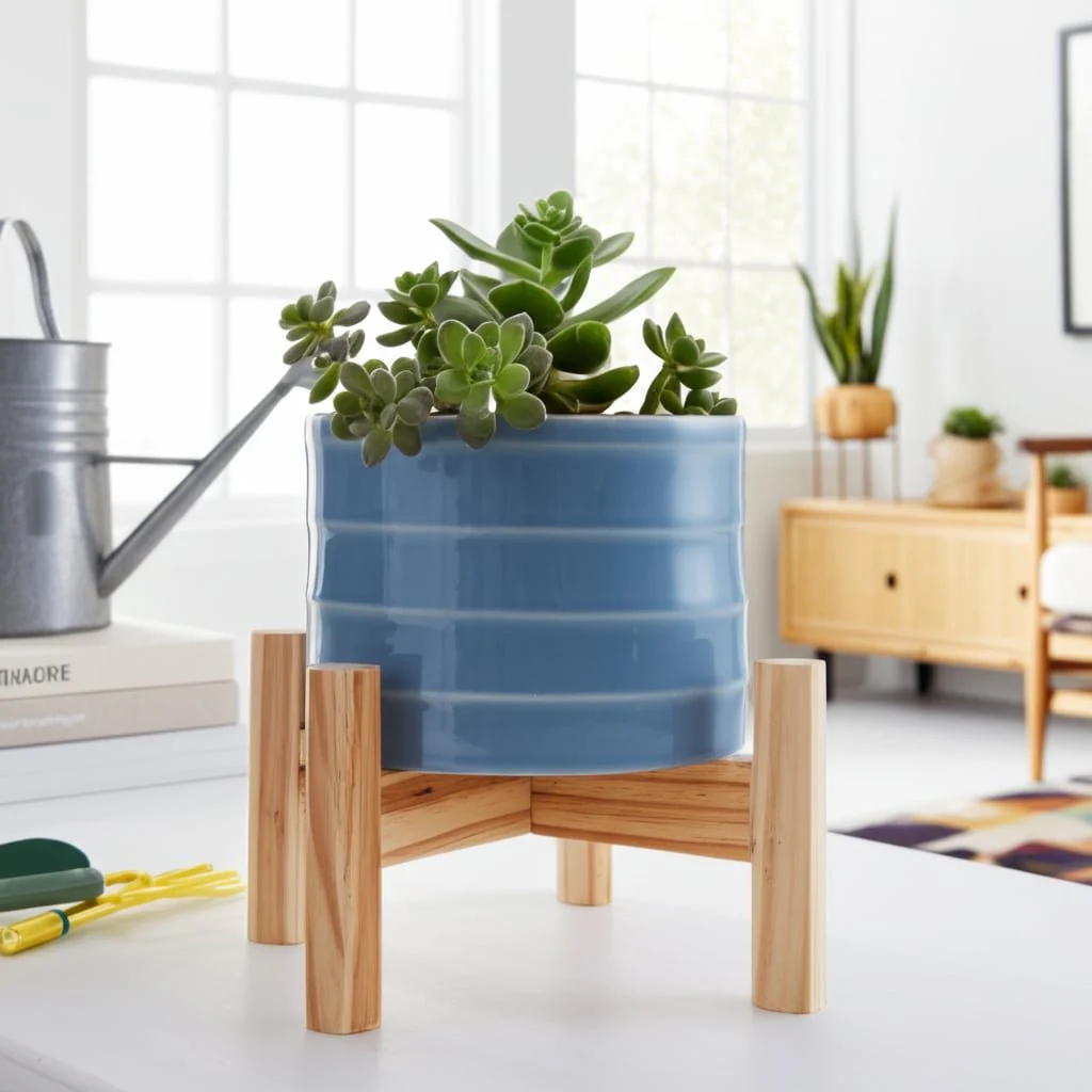 6" Striped Planter W/ Wood Stand, Skyblue - Image 12