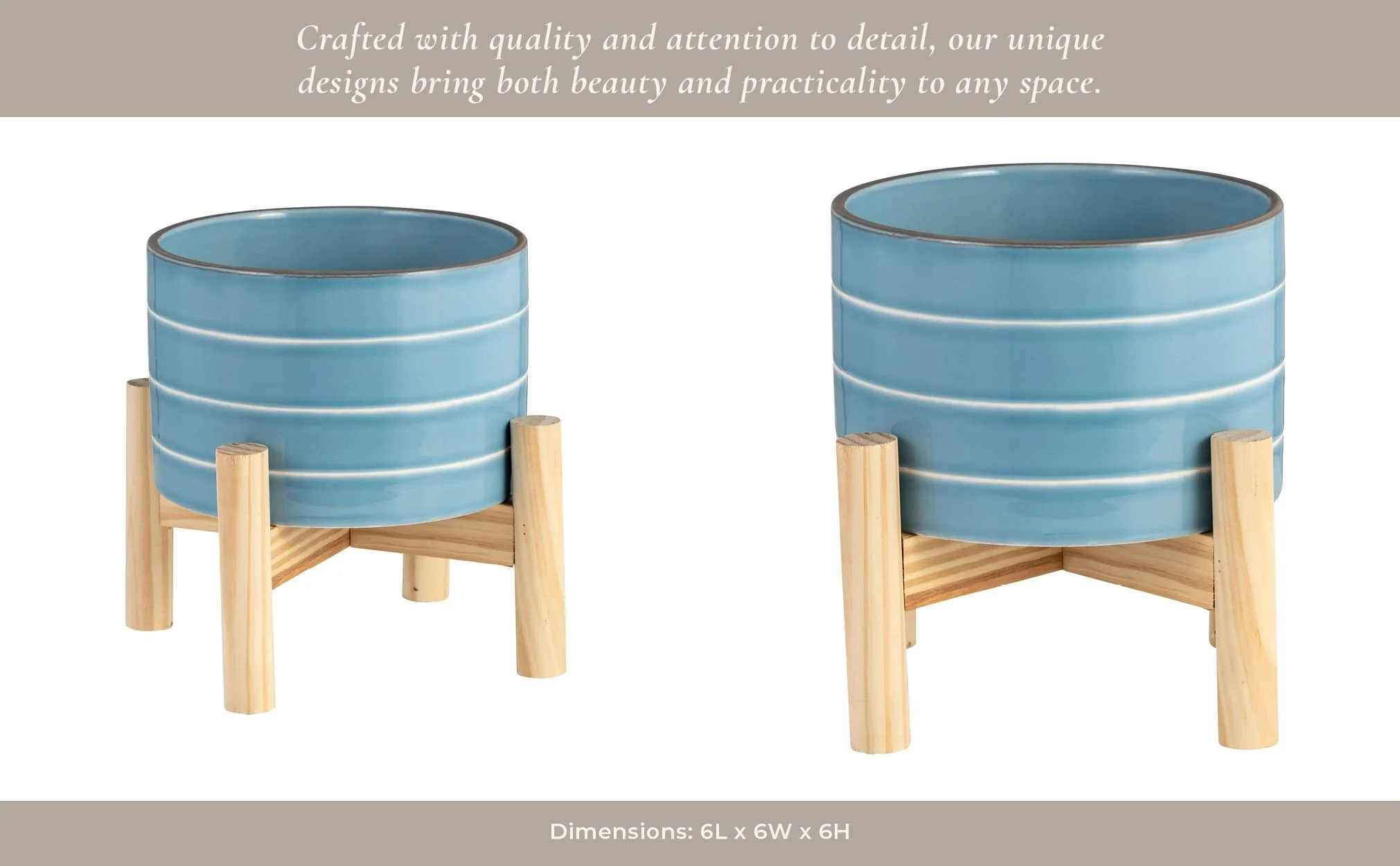 6" Striped Planter W/ Wood Stand, Skyblue - Image 13