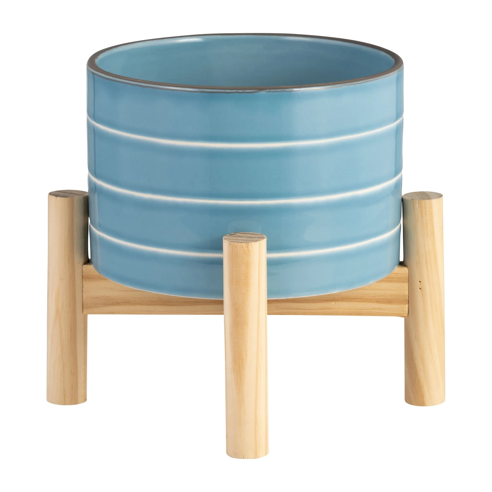 6" Striped Planter W/ Wood Stand, Skyblue - Image 3