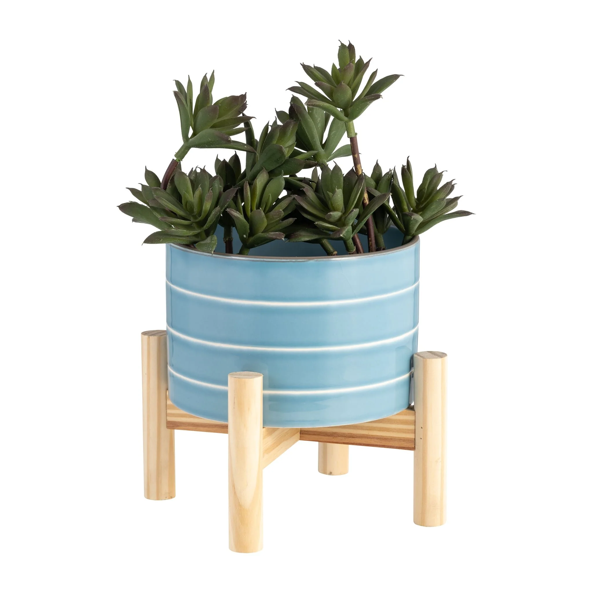 6" Striped Planter W/ Wood Stand, Skyblue - Image 4