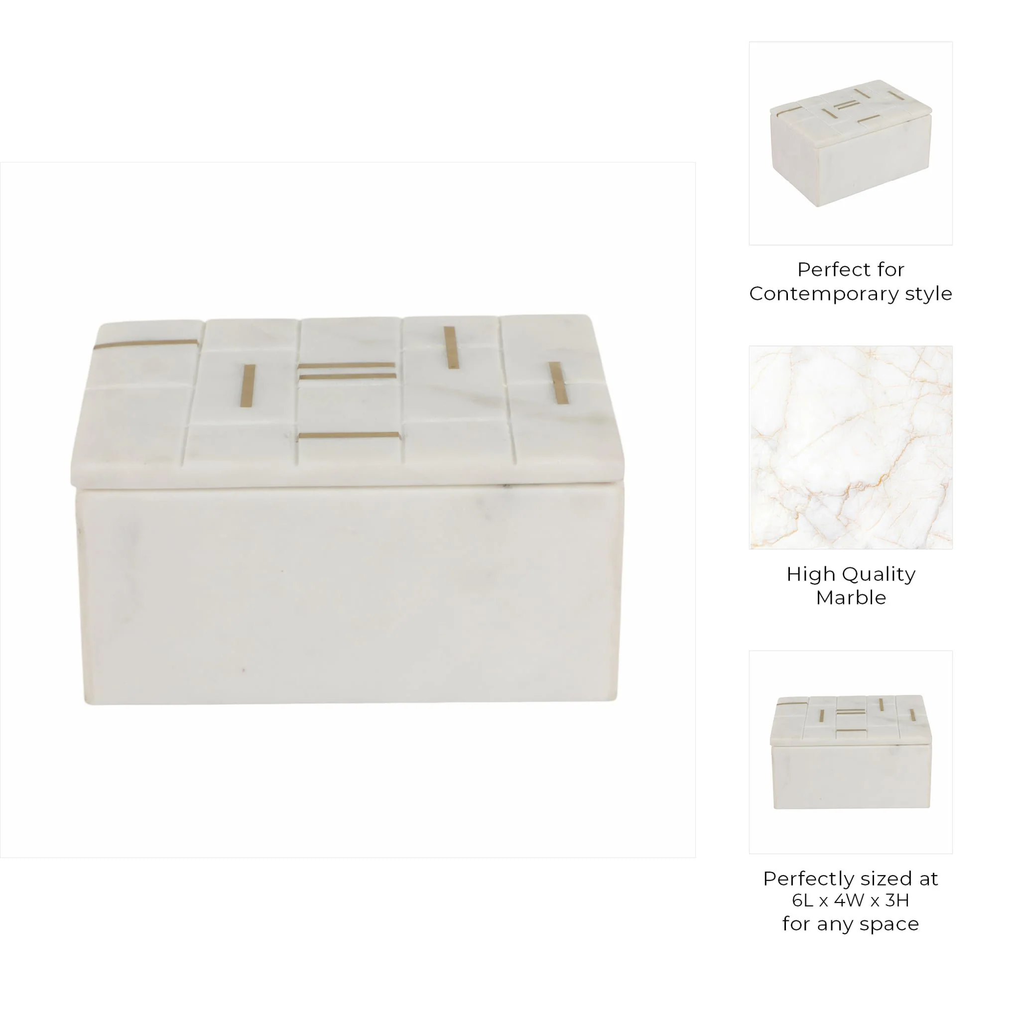 6" White Marble Box With Brass Inlay, White/gold - Image 10