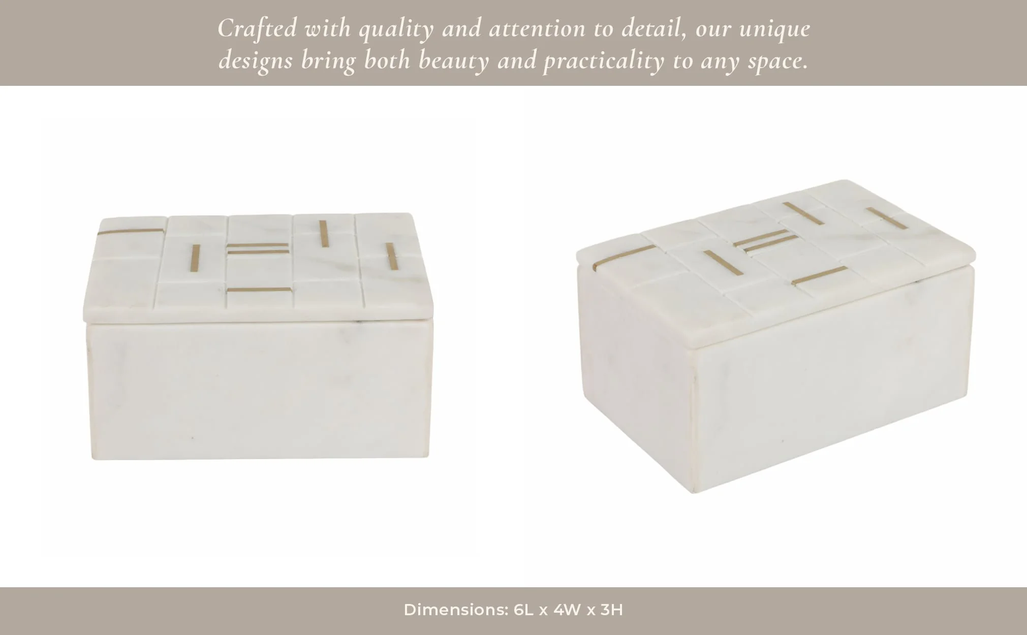 6" White Marble Box With Brass Inlay, White/gold - Image 15