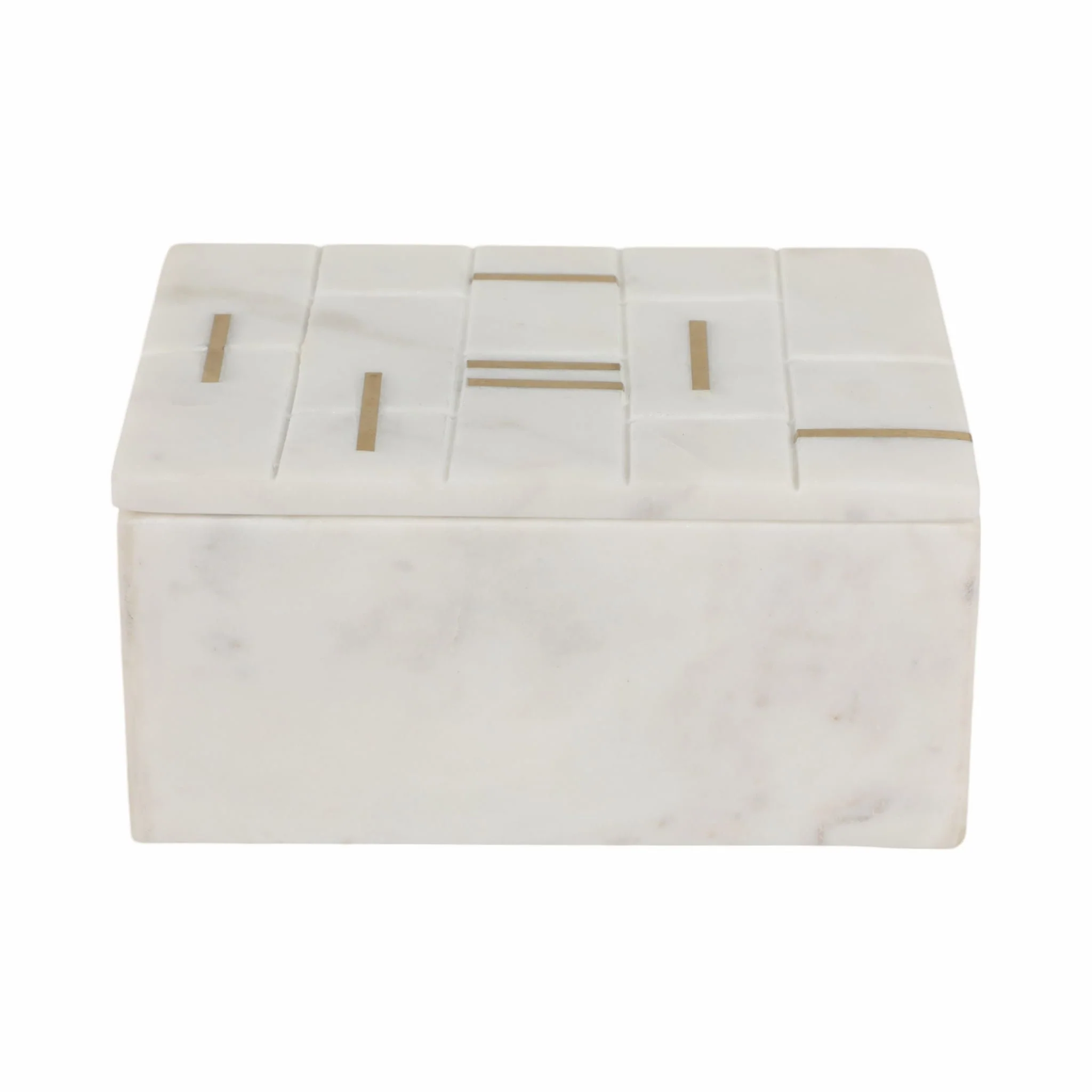 6" White Marble Box With Brass Inlay, White/gold - Image 4