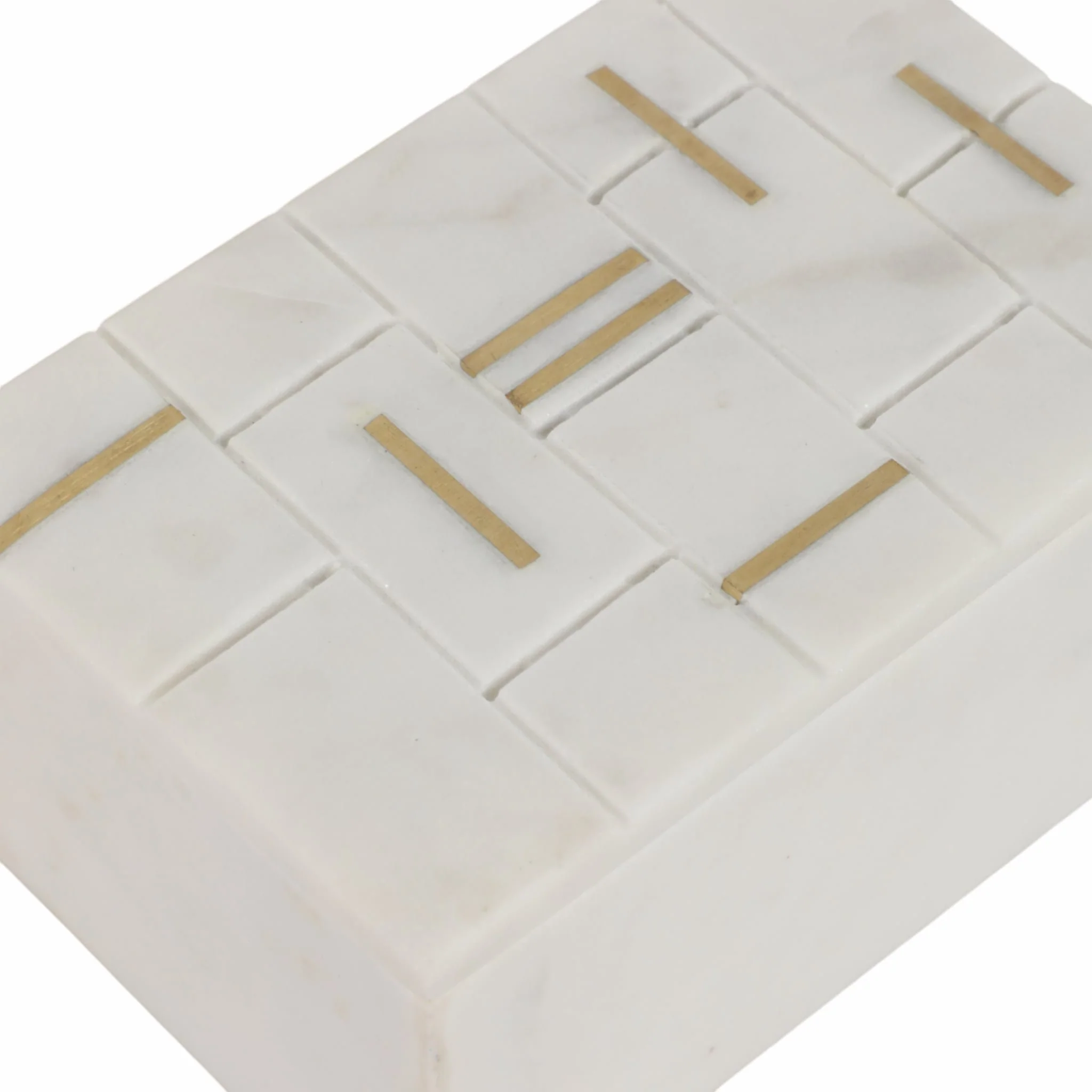 6" White Marble Box With Brass Inlay, White/gold - Image 7