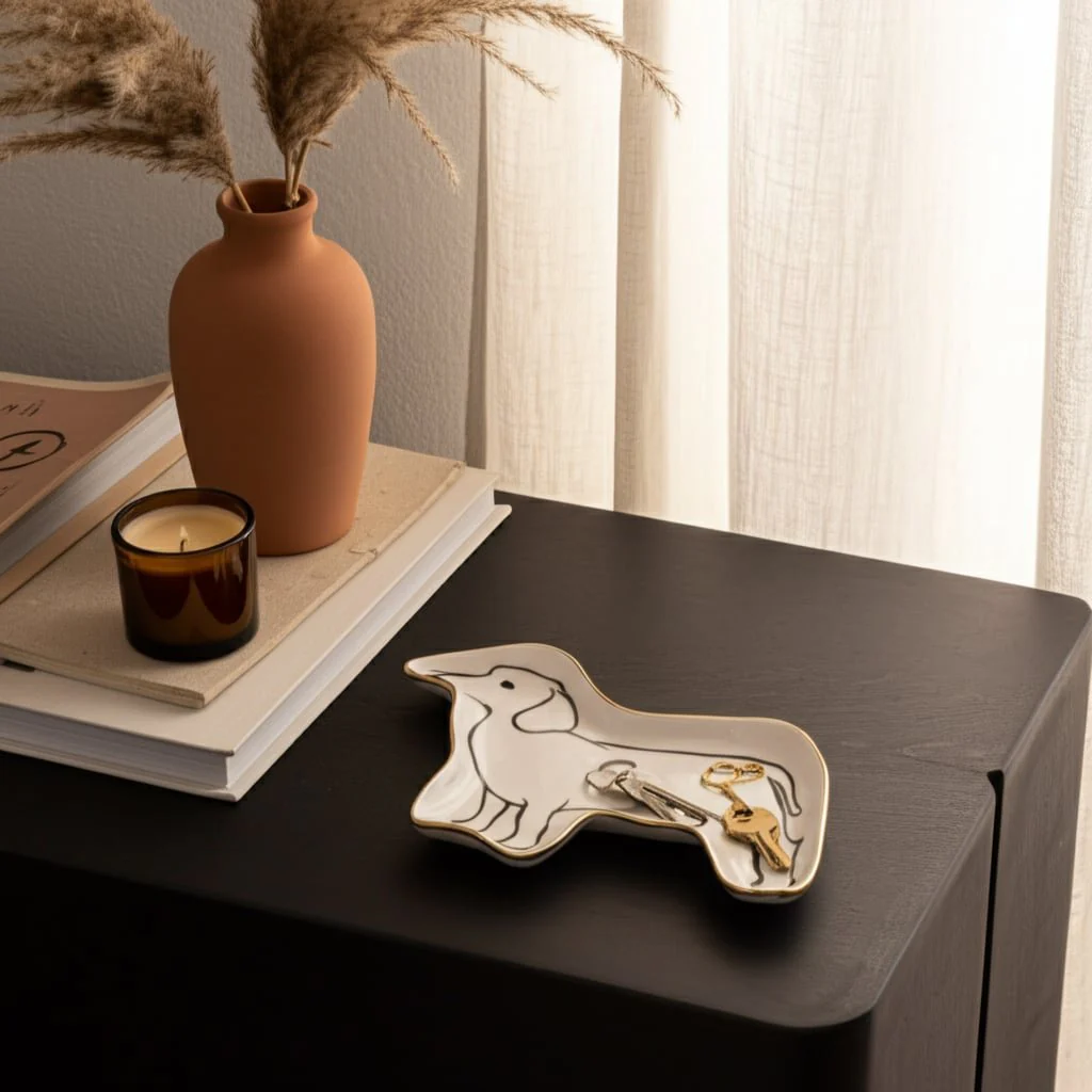 6" Wiener Dog Trinket Tray W/ Gold Detail, White/b - Image 9