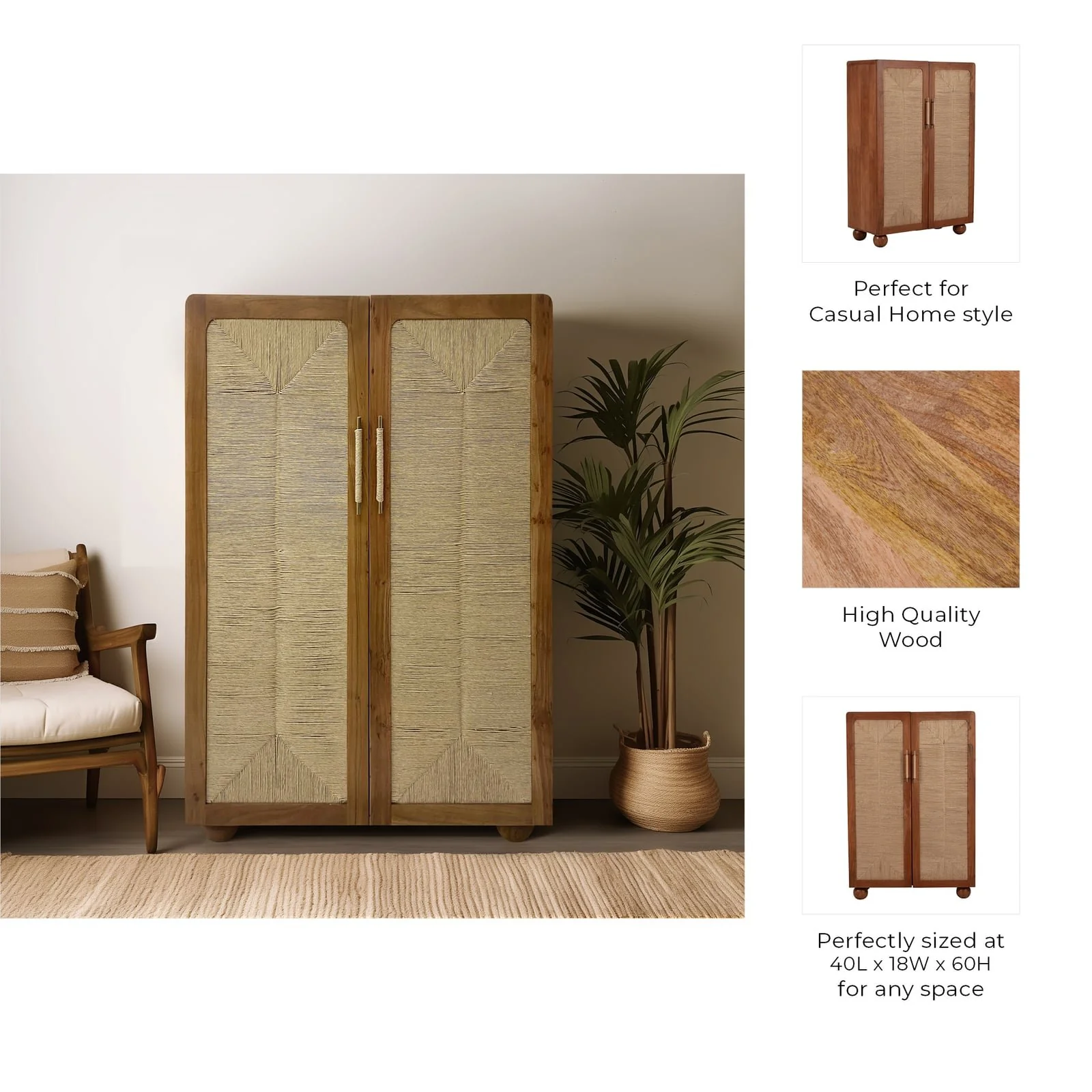 60" Acacia Wood Armoire, Brown - Image 10