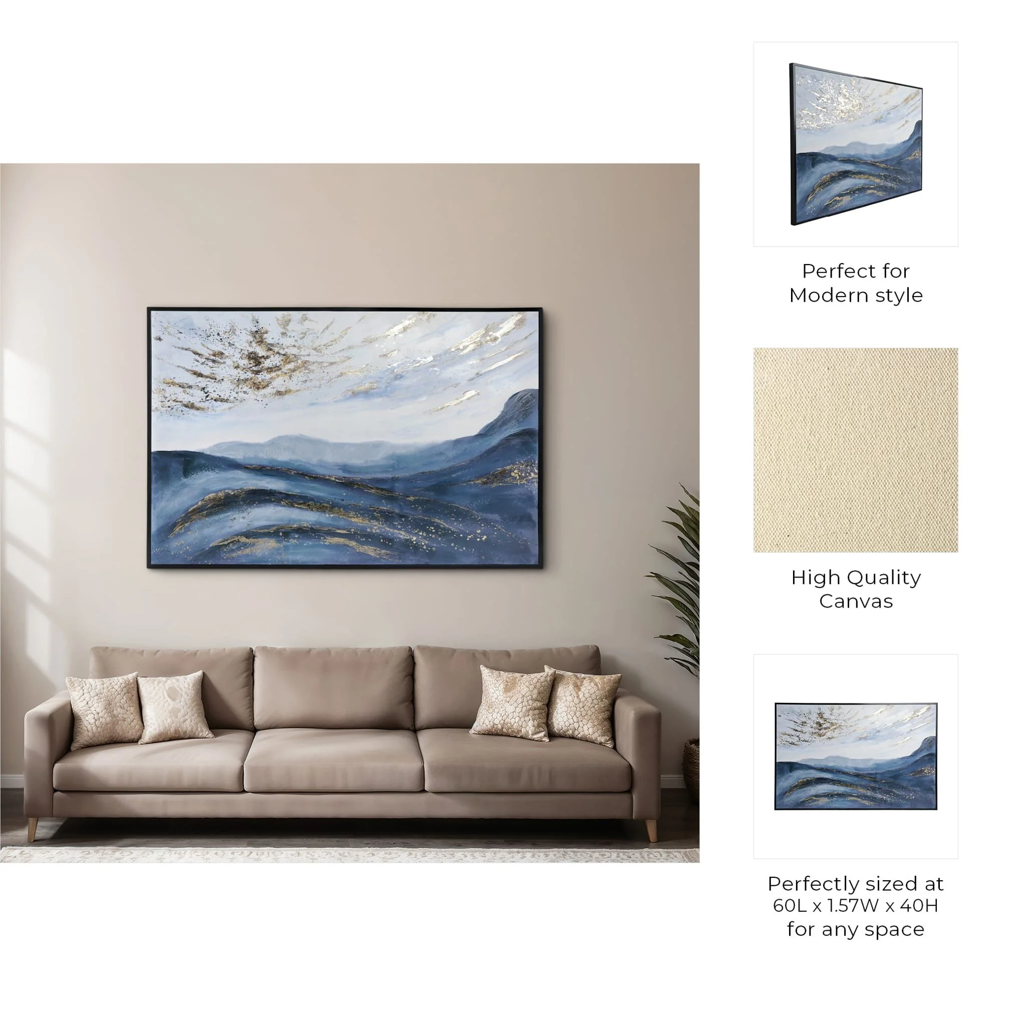60x40  Hand Painted Canvas, Blue/gold - Image 8