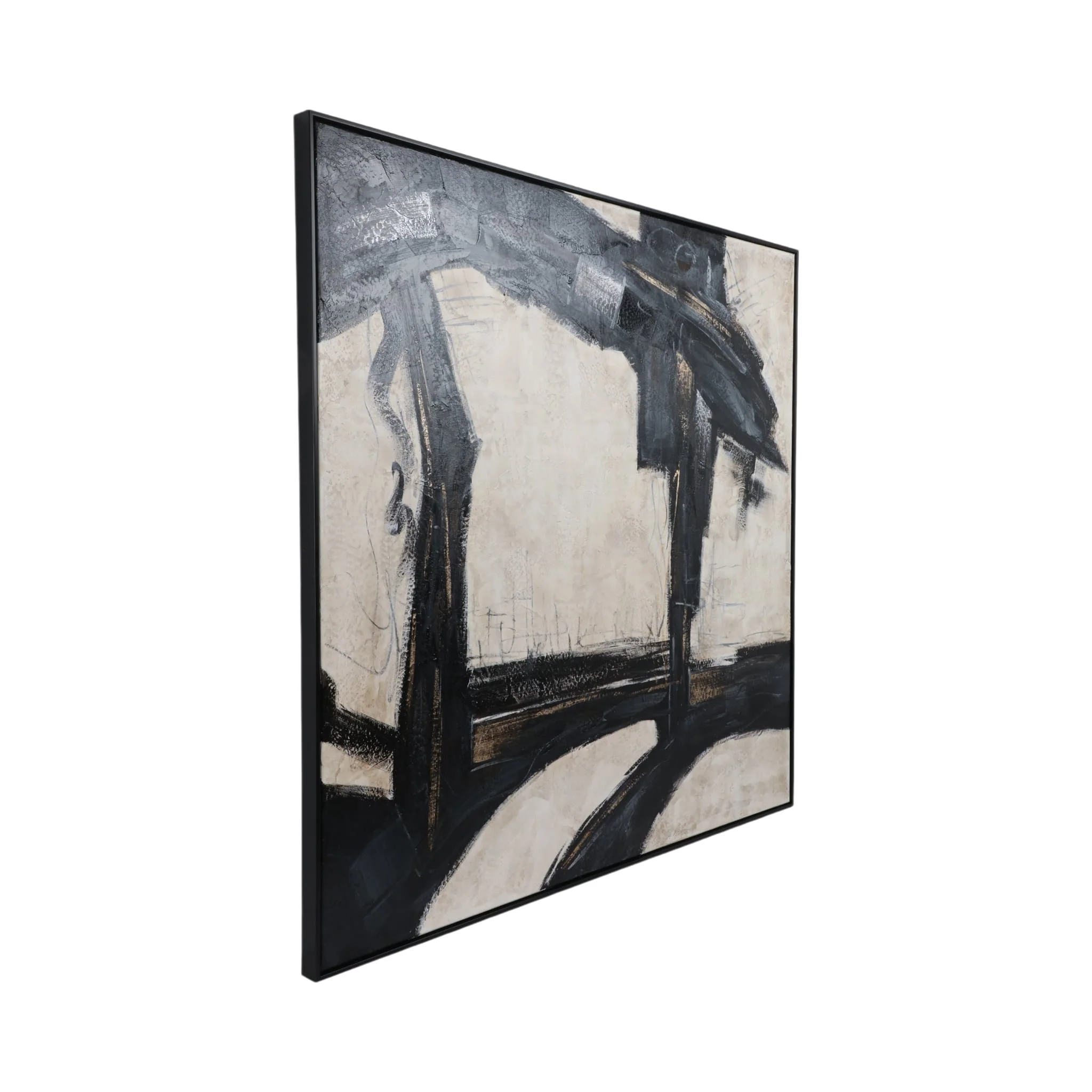 61x61 Framed Hand Painted Abstract Canvas, Black/g - Image 2