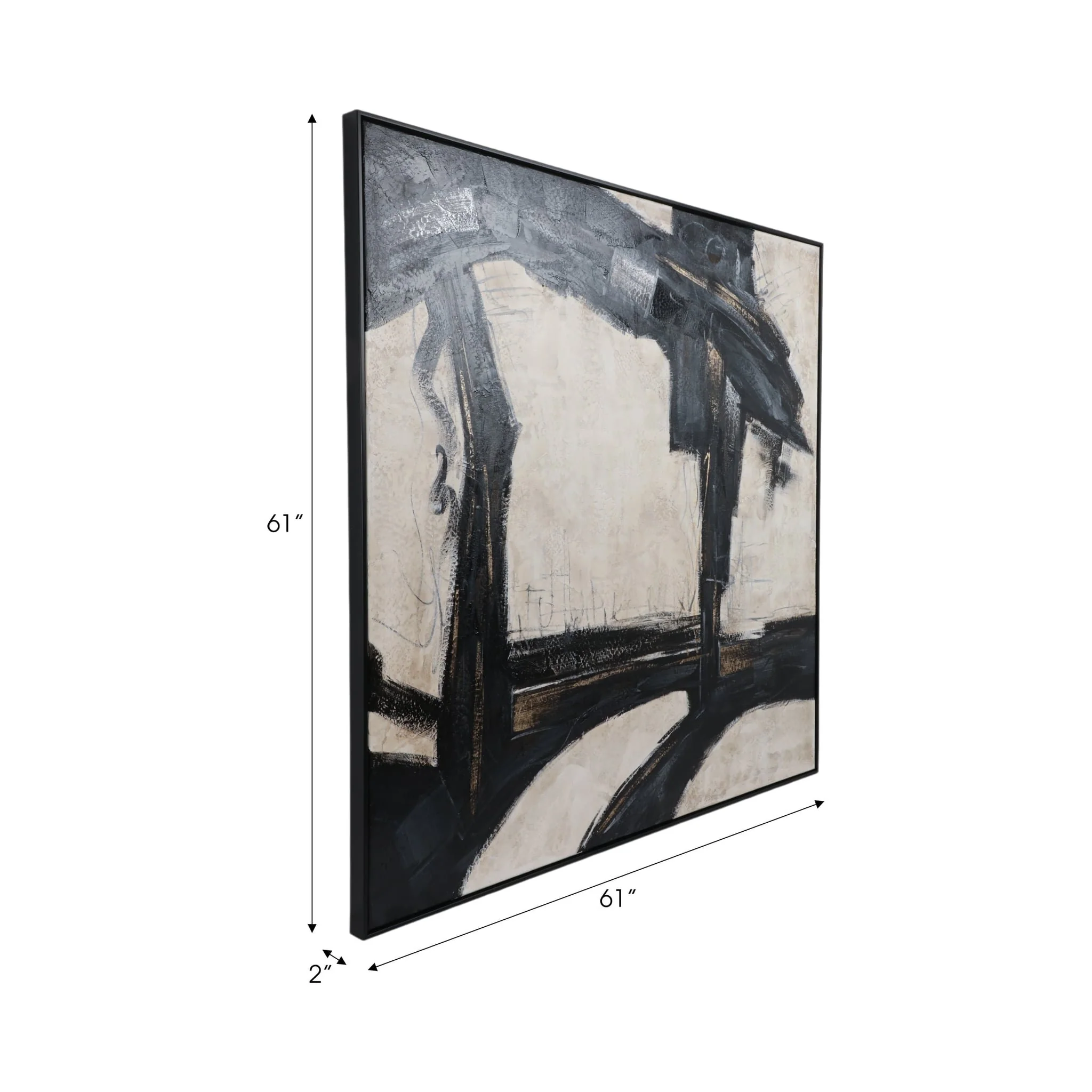 61x61 Framed Hand Painted Abstract Canvas, Black/g - Image 7