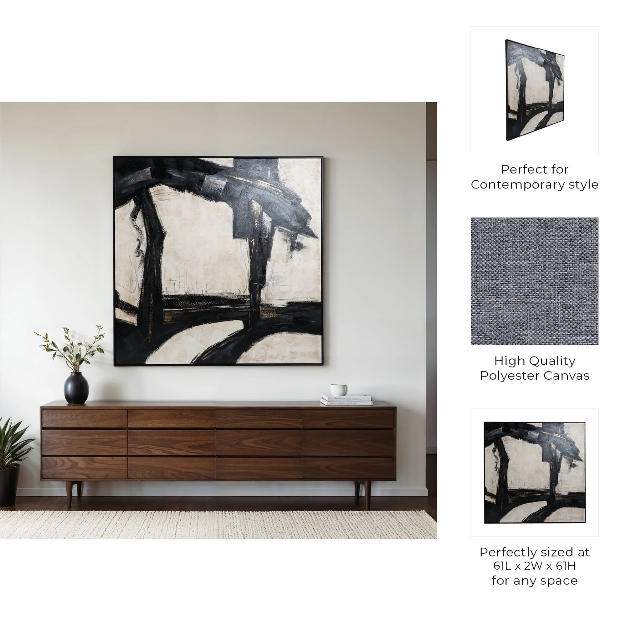 61x61 Framed Hand Painted Abstract Canvas, Black/g - Image 8