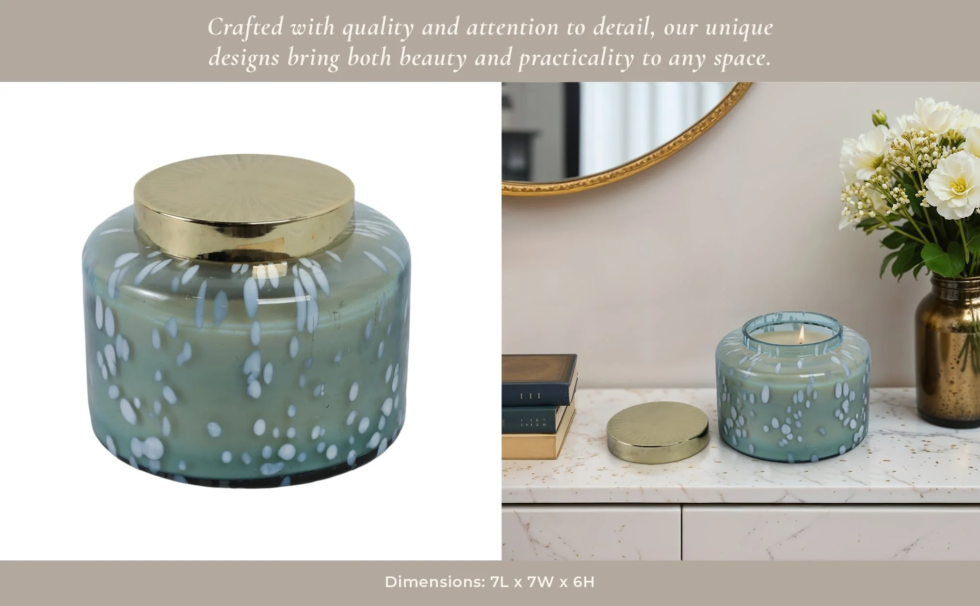 7" 71 Oz Jasmine Speckle Lidded Candle, Blue/gold - Image 10