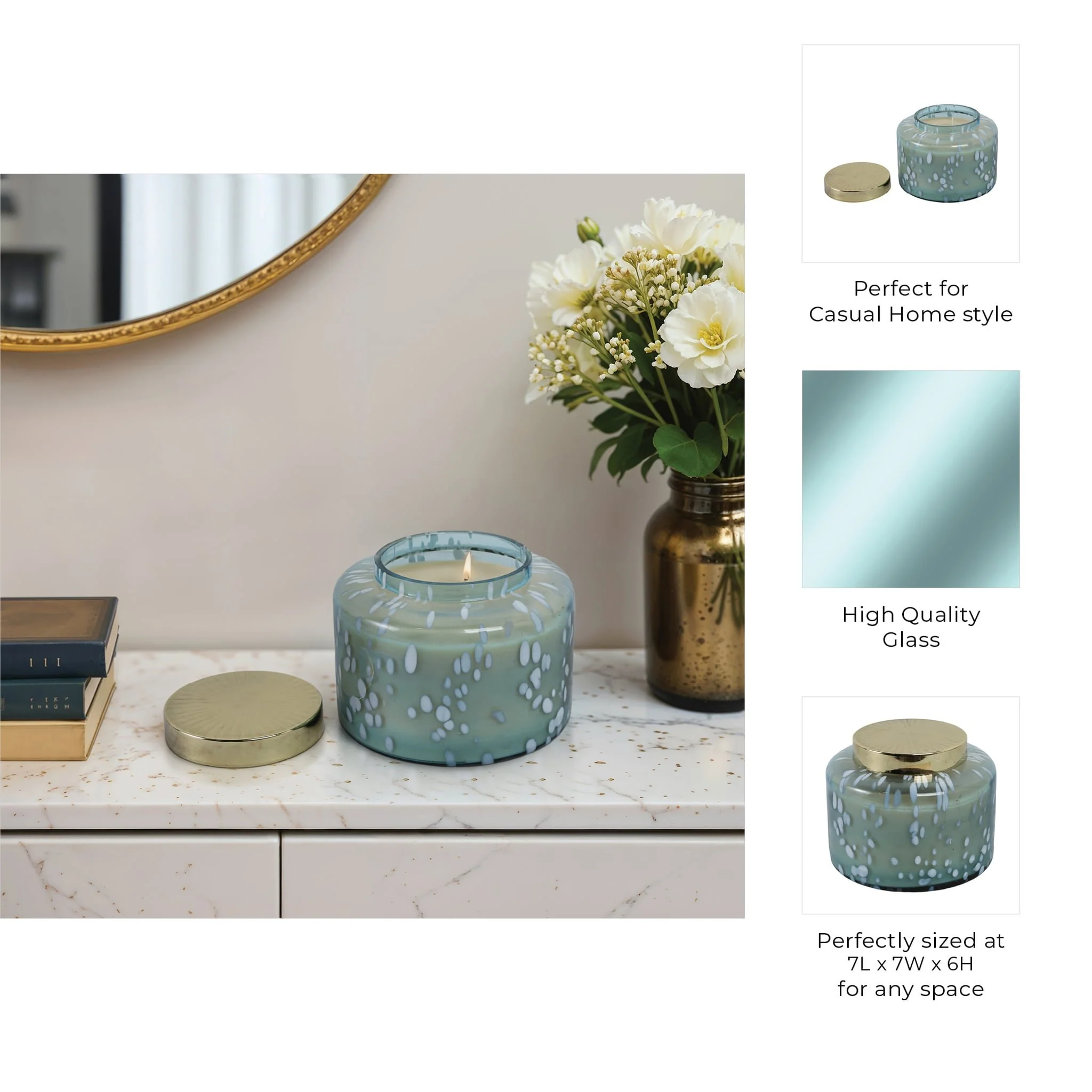 7" 71 Oz Jasmine Speckle Lidded Candle, Blue/gold - Image 8