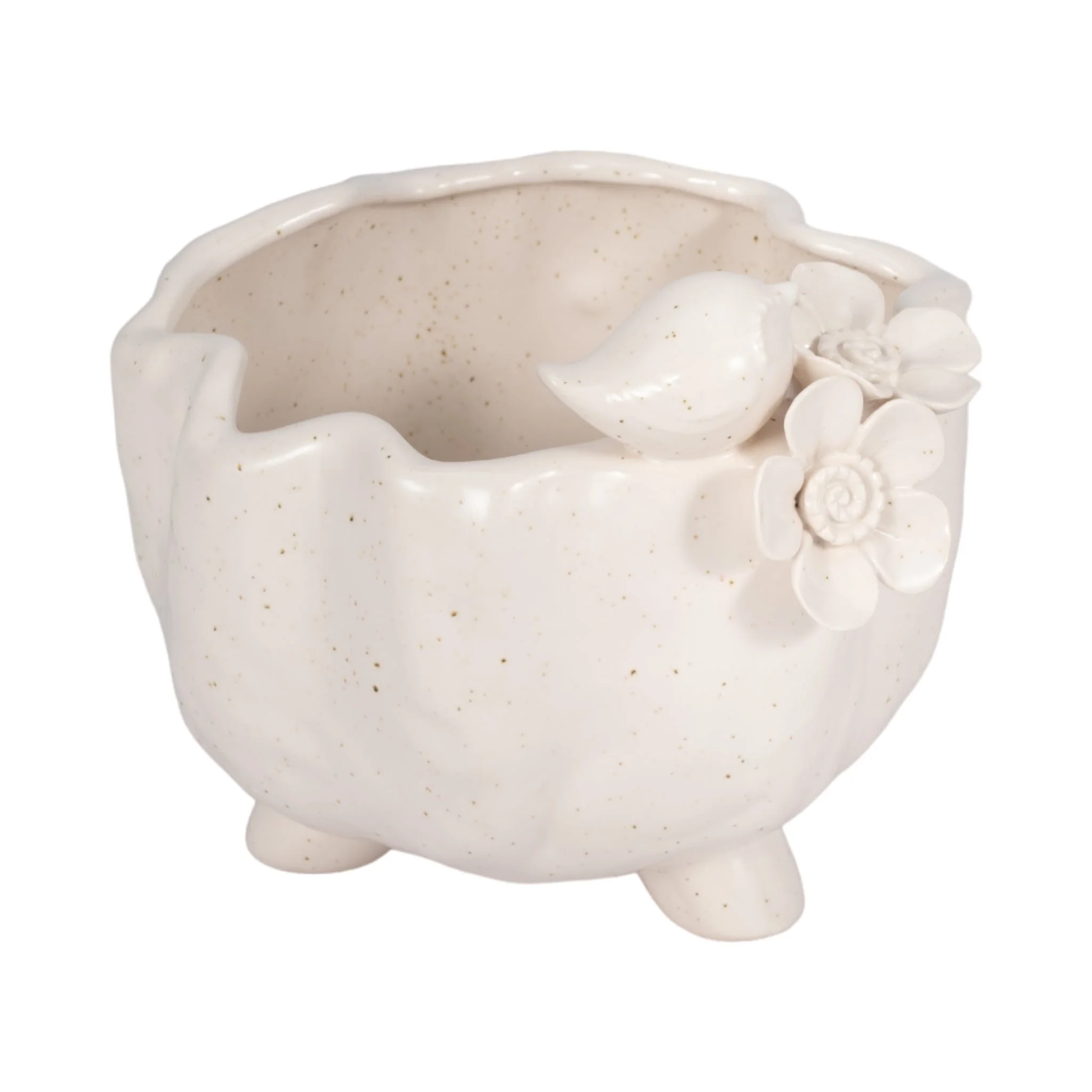 7" Bird And Flower Applique Footed Planter, Ivory - Image 2