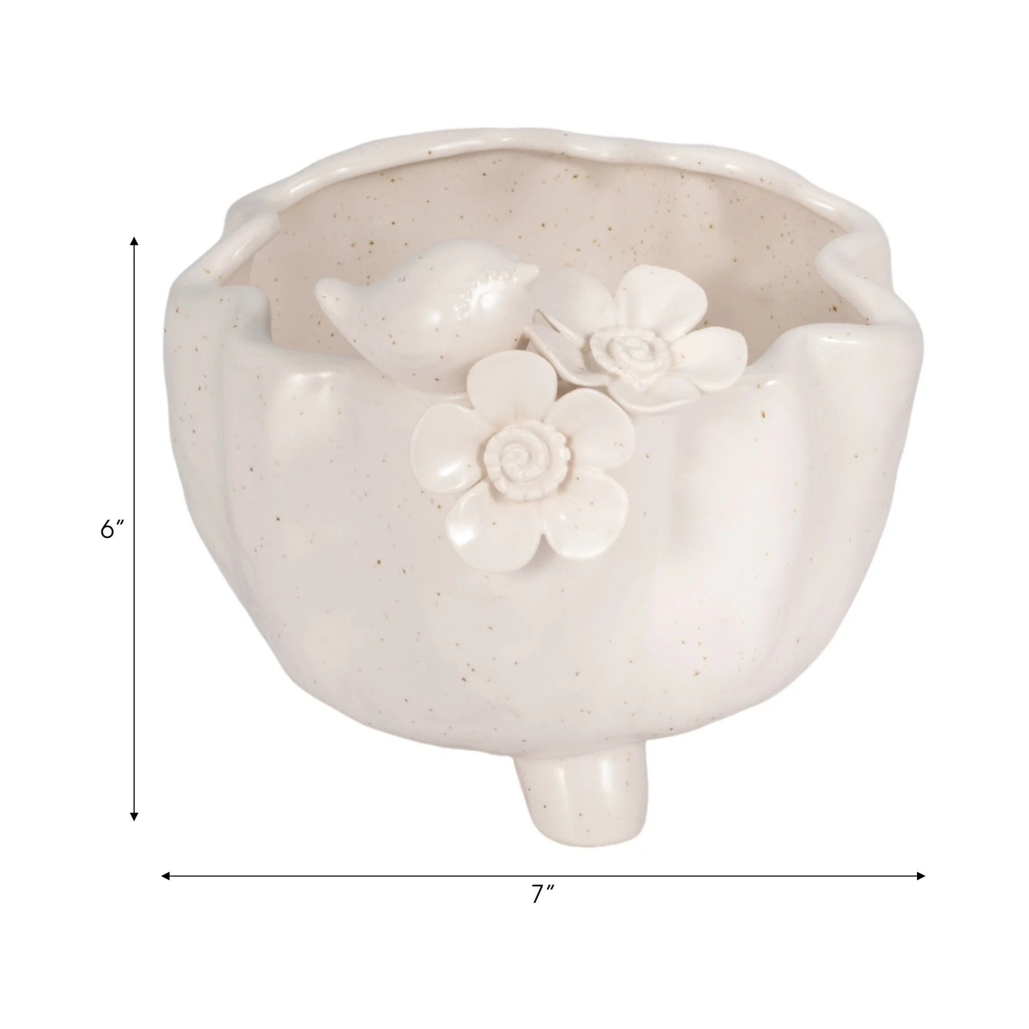 7" Bird And Flower Applique Footed Planter, Ivory - Image 7