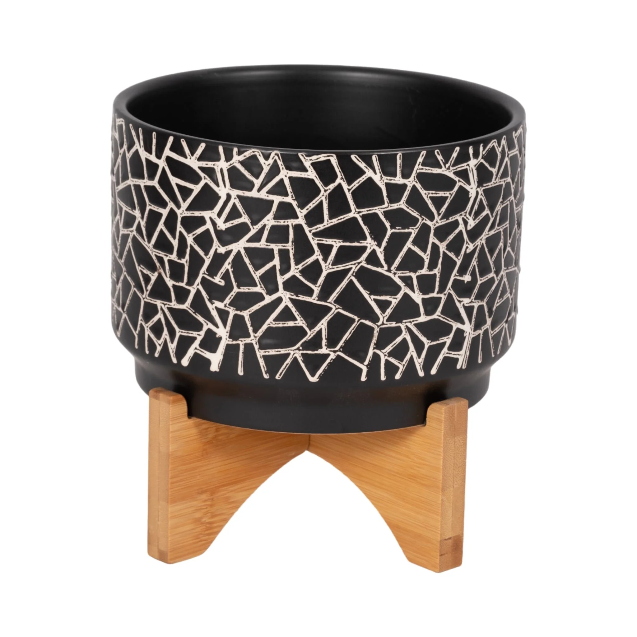 7" Crackled Planter W/ Wood Stand, Black - Image 4