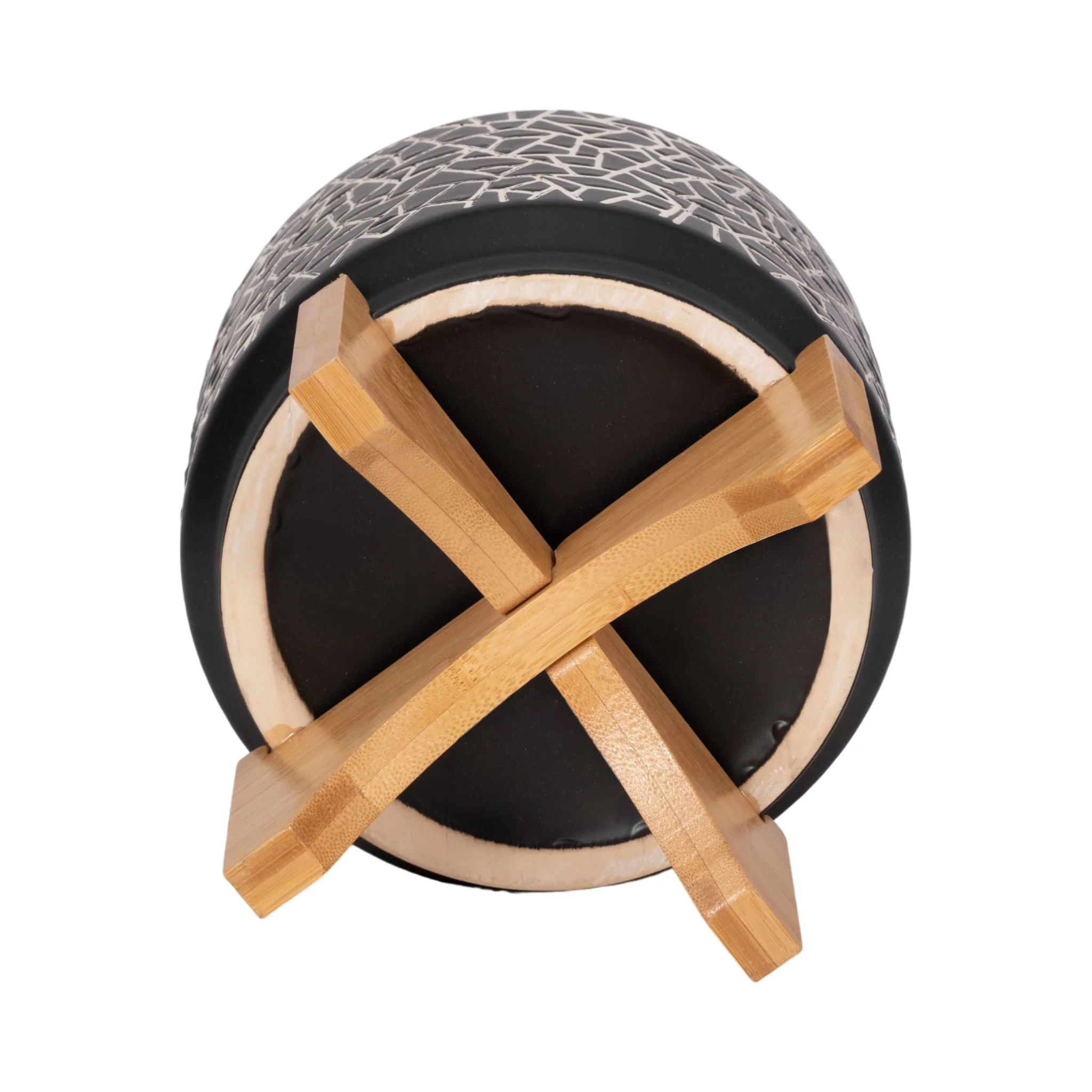7" Crackled Planter W/ Wood Stand, Black - Image 7
