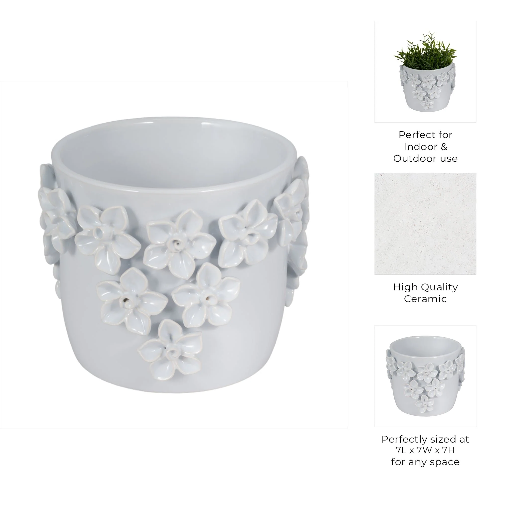 7" Floral Applique Planter, White - Image 8