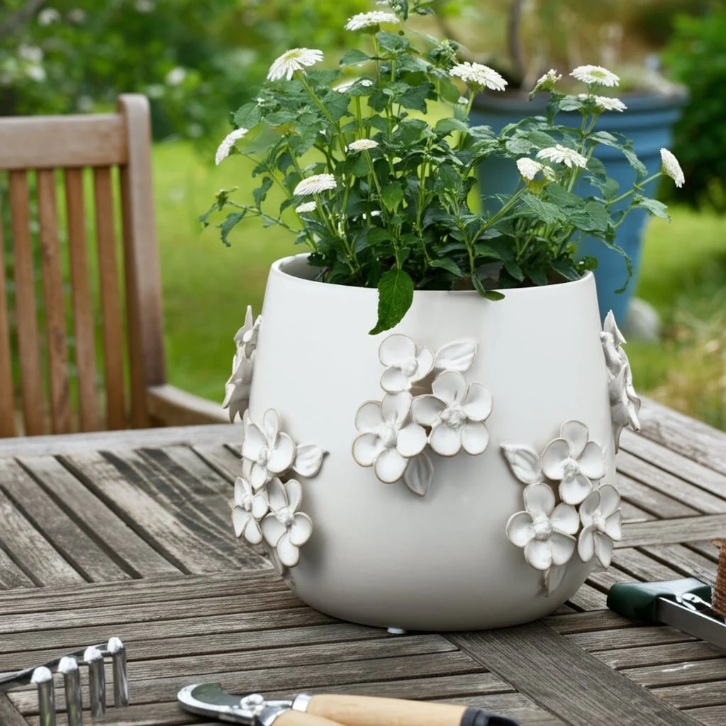 7" Flower Bunches Applique Planter, Ivory - Image 10