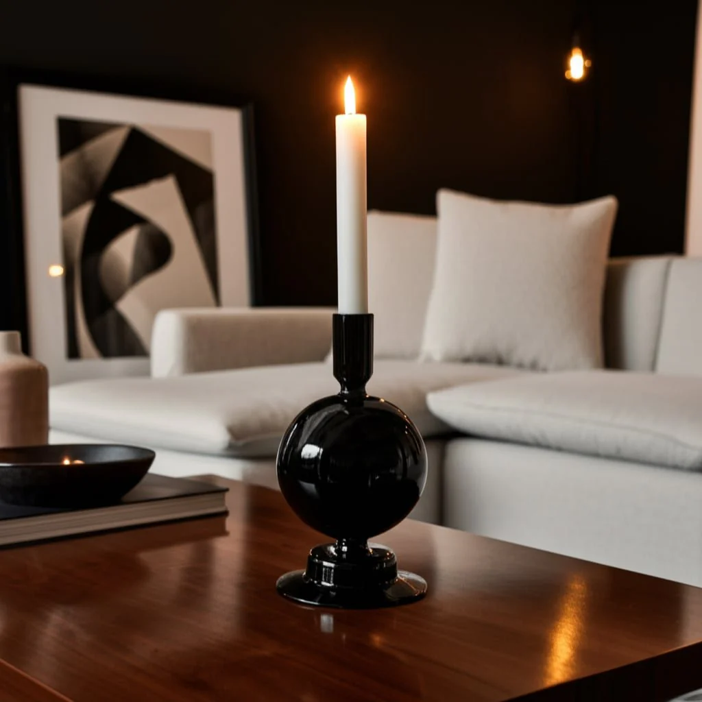 7" Glass Bubble Taper Candle Holder, Black - Image 3