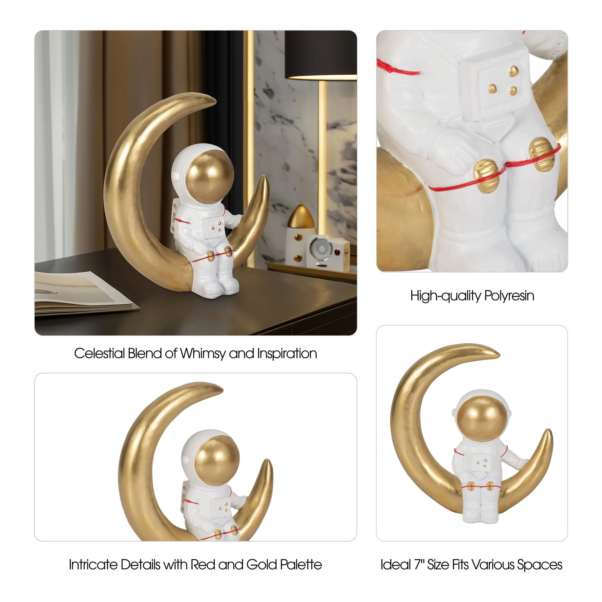 7" Space Man On Crescent Moon, White/gold - Image 9