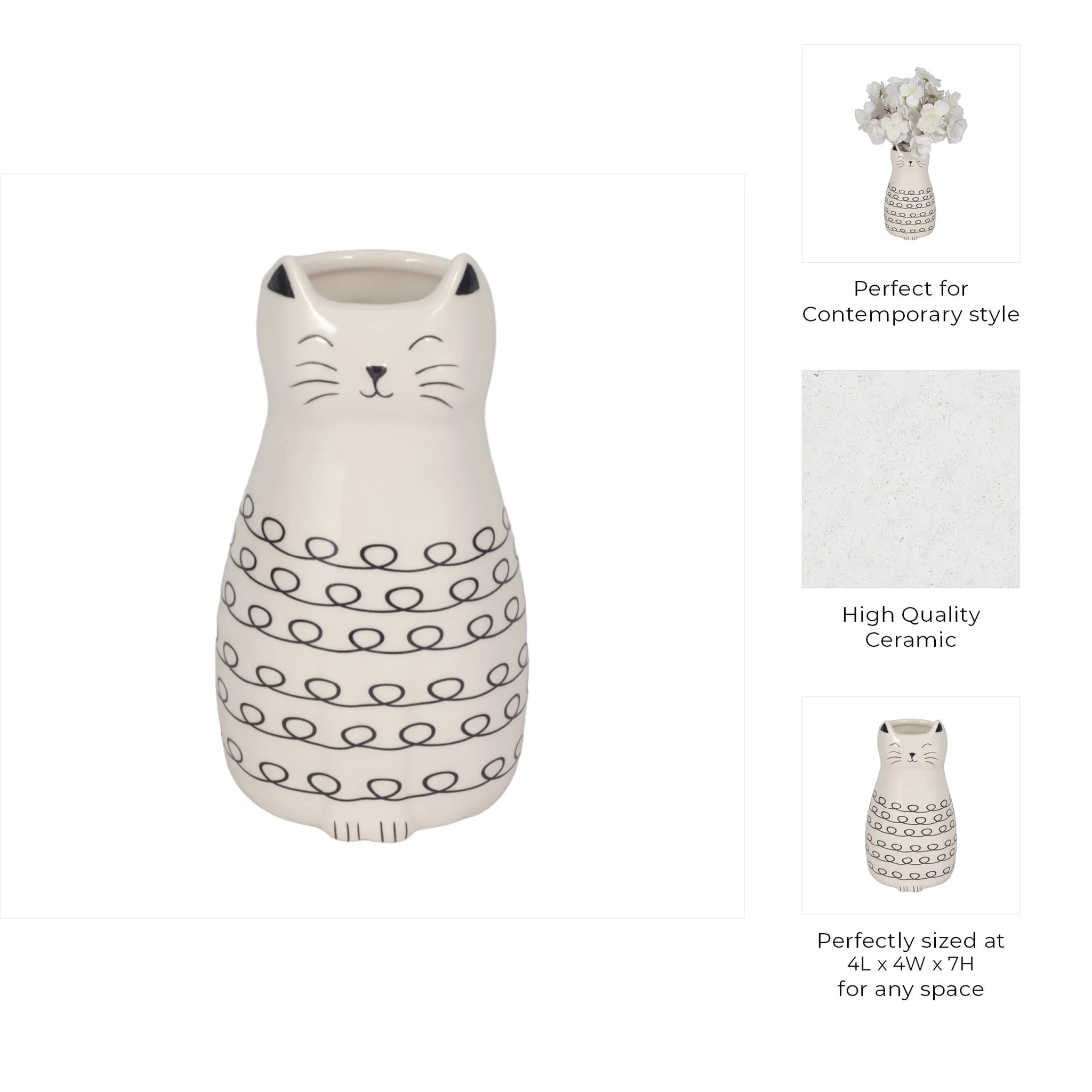 7" Squiggly Kitty With Vase Opening, White/black - Image 10