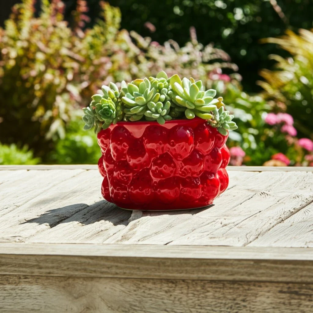 7" Strawberries Flower Pot, Red - Image 10