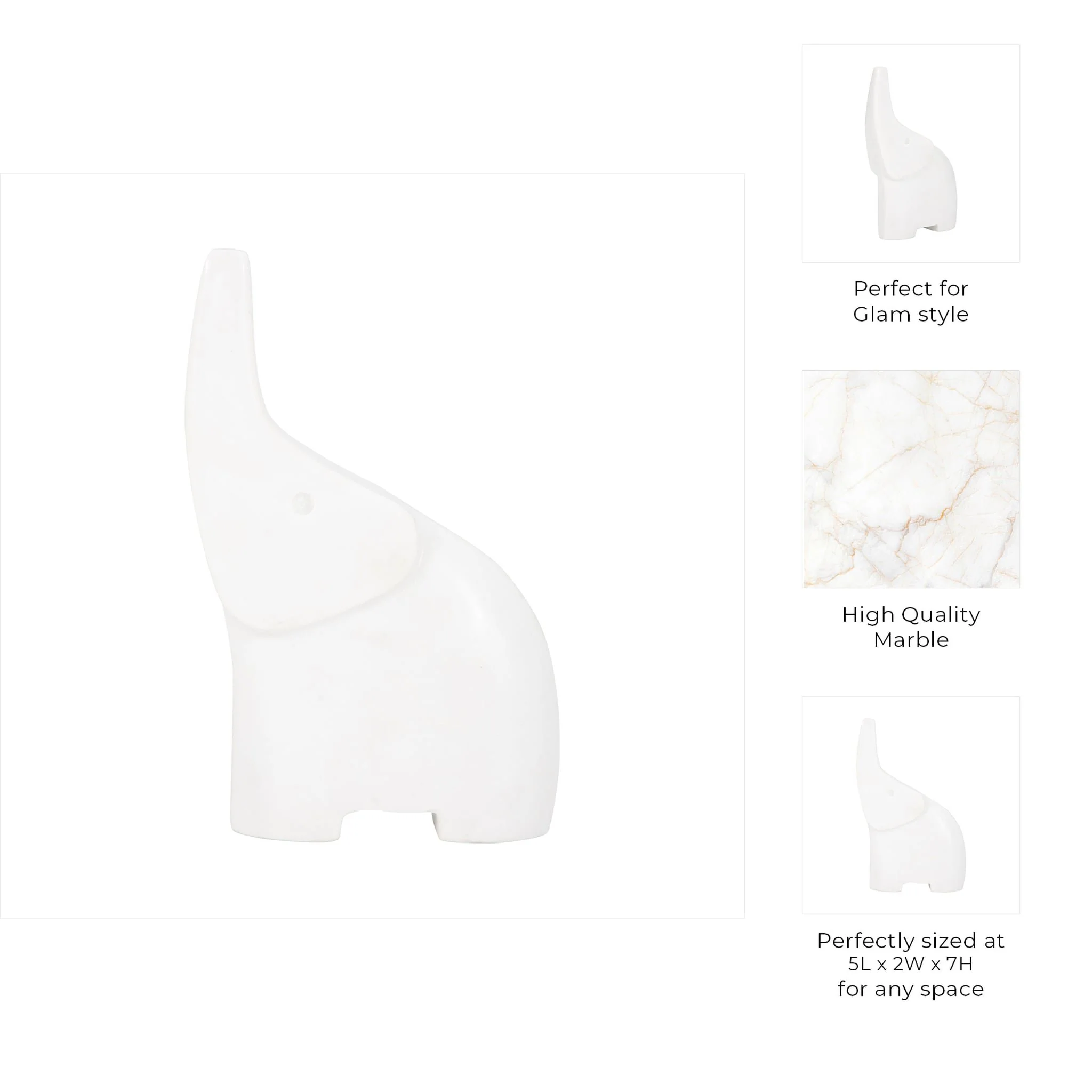 7" Trunk In The Air Marble Elephant, White - Image 9