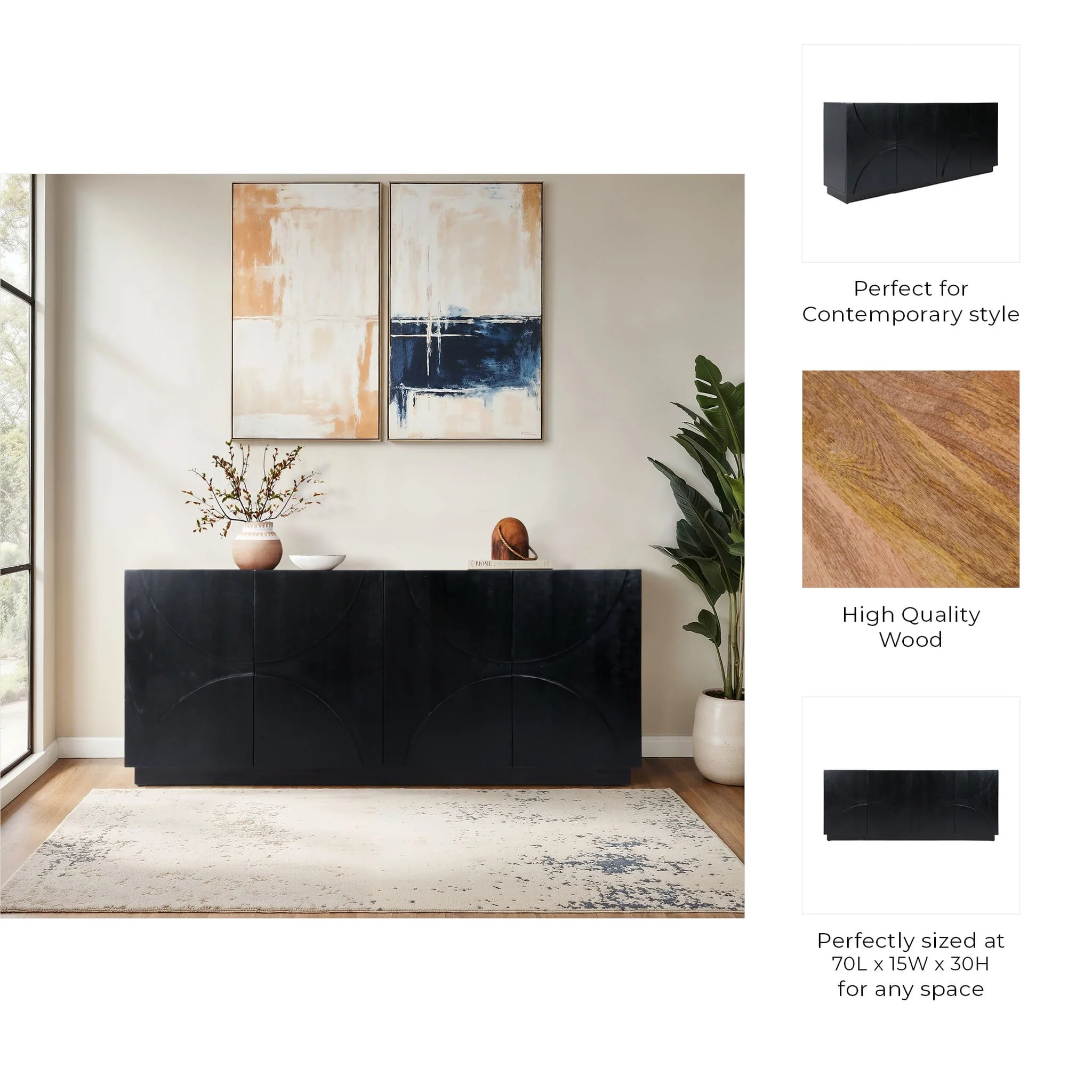 70x30" Half Circle 4-door Cabinet, Black - Image 9