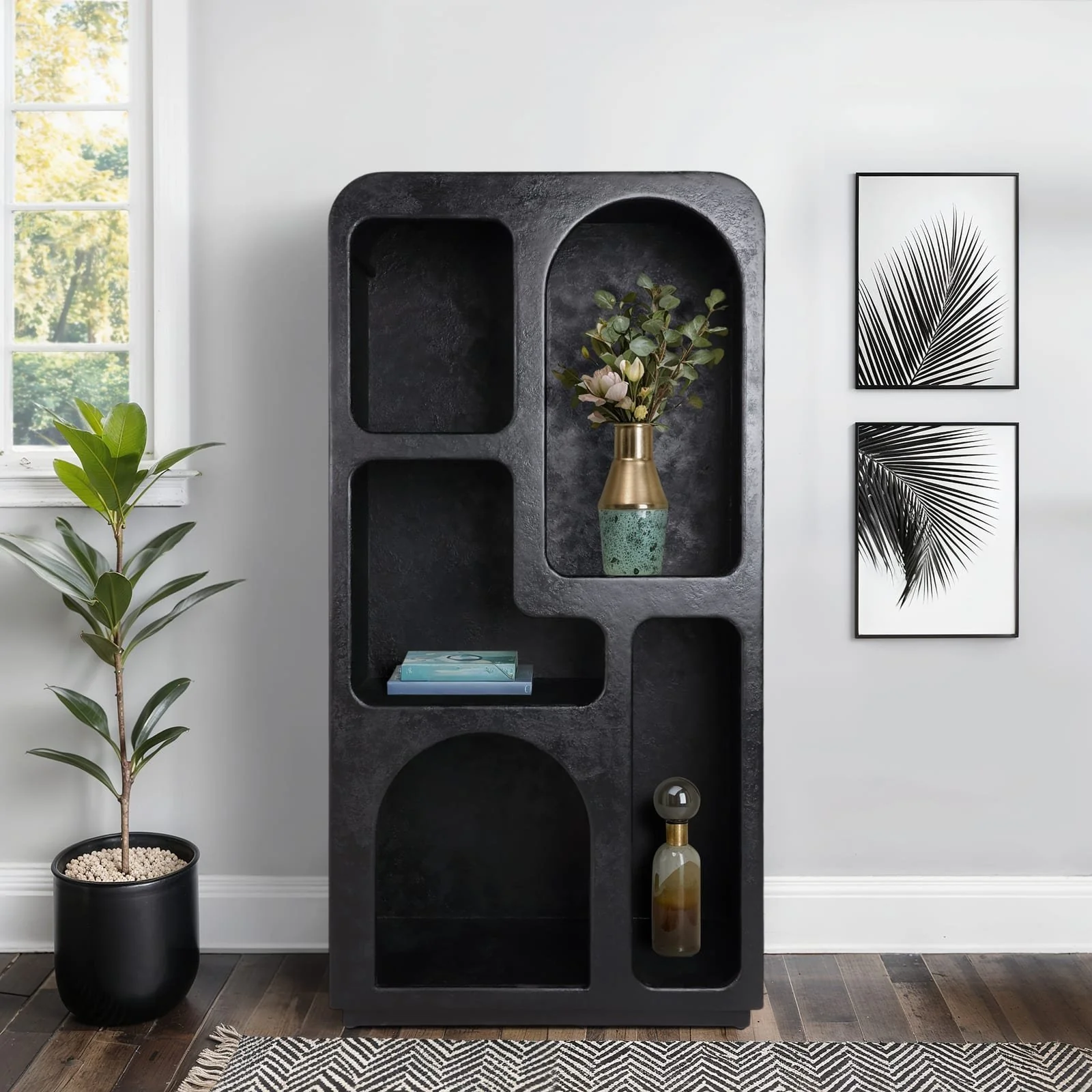 71" Open Cut-out Textured Bookshelf, Black - Image 8