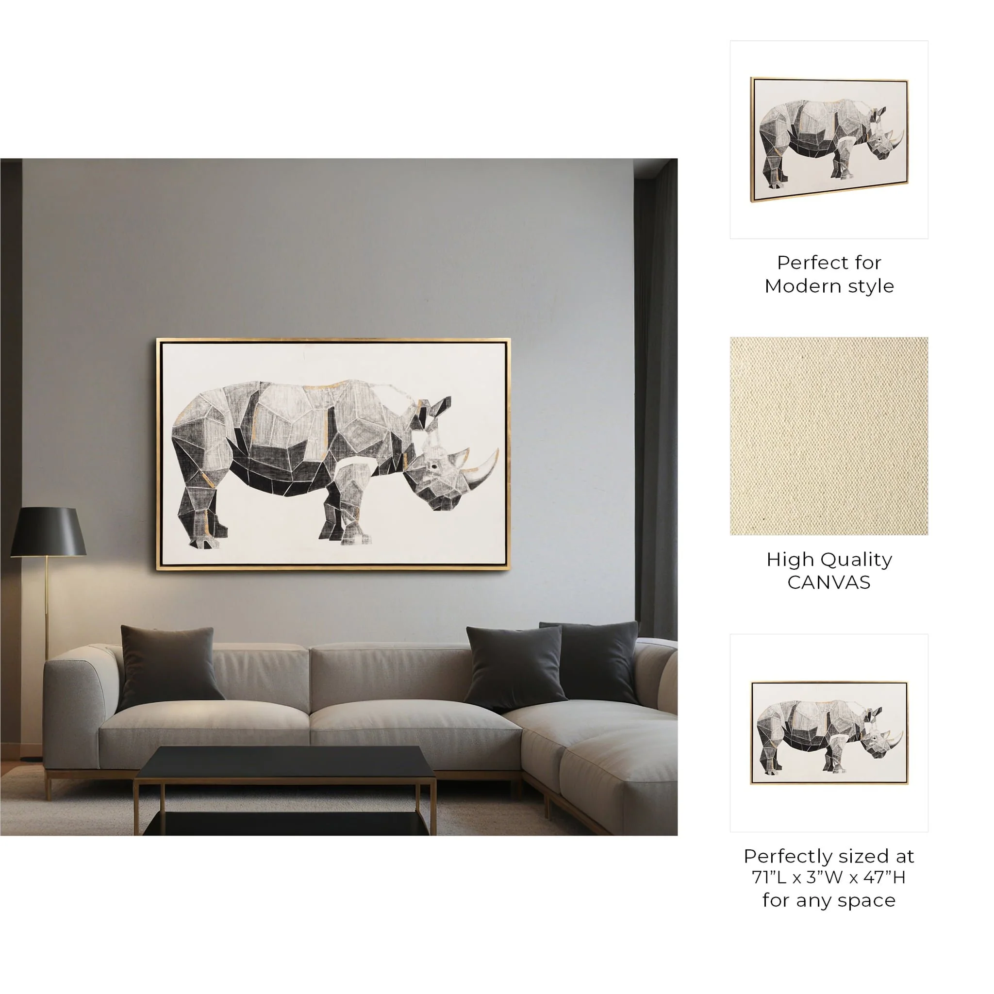 71x47, Hand Painted Charcoal Rhino W/gold Leaf - Image 7