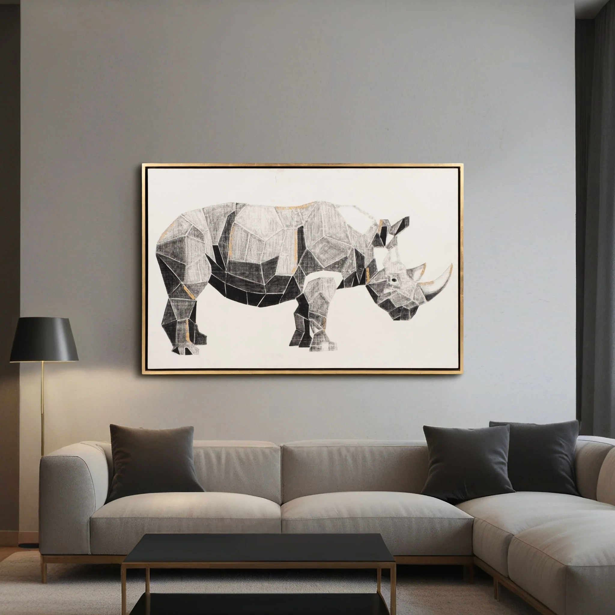 71x47, Hand Painted Charcoal Rhino W/gold Leaf - Image 8