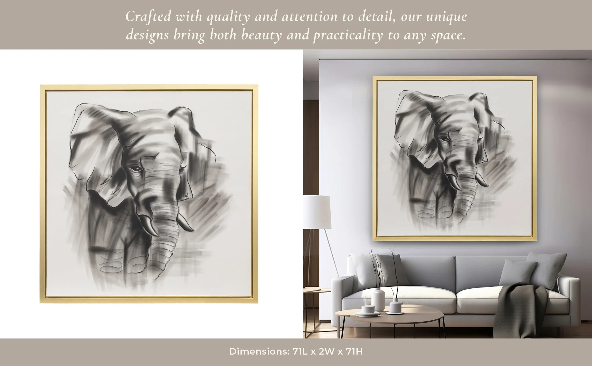71x71, Hand Painted Elephant Beauty, Gray/wht - Image 10