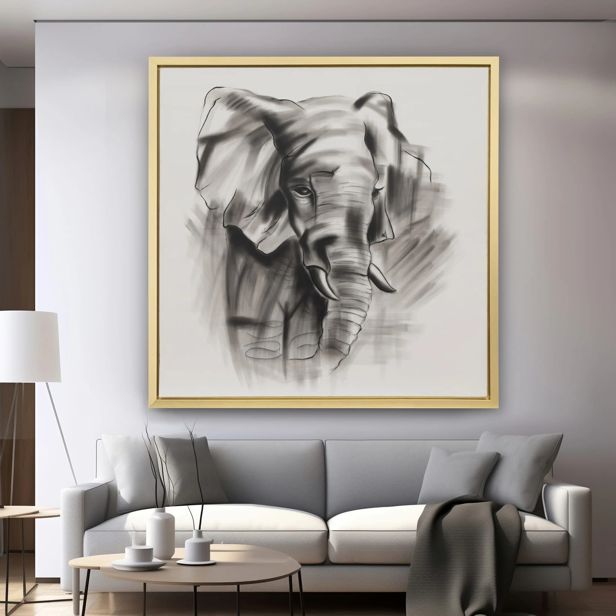 71x71, Hand Painted Elephant Beauty, Gray/wht - Image 9