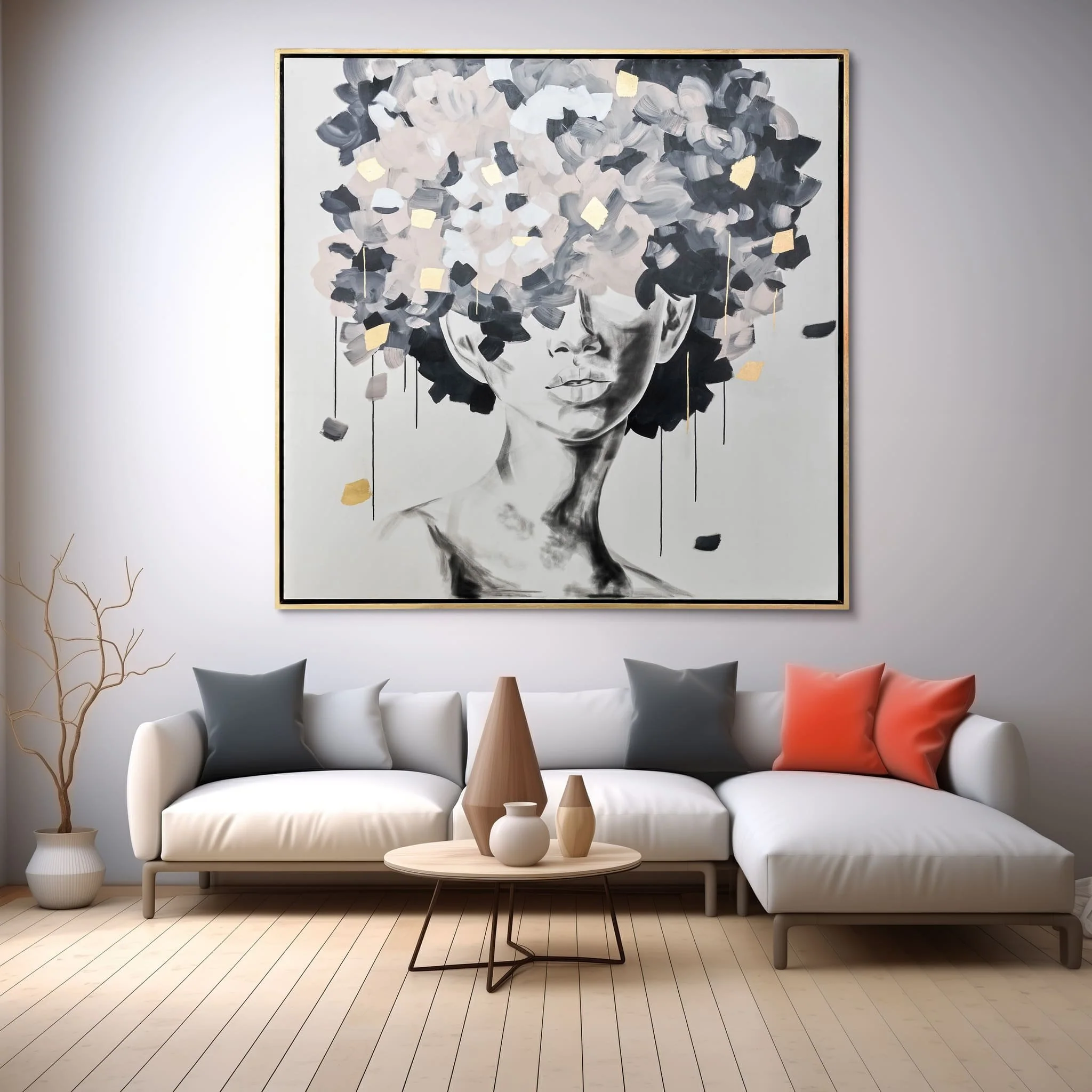 71x71, Hand Pntd Idyll Woman Gld Leaf Canvas,multi - Image 11