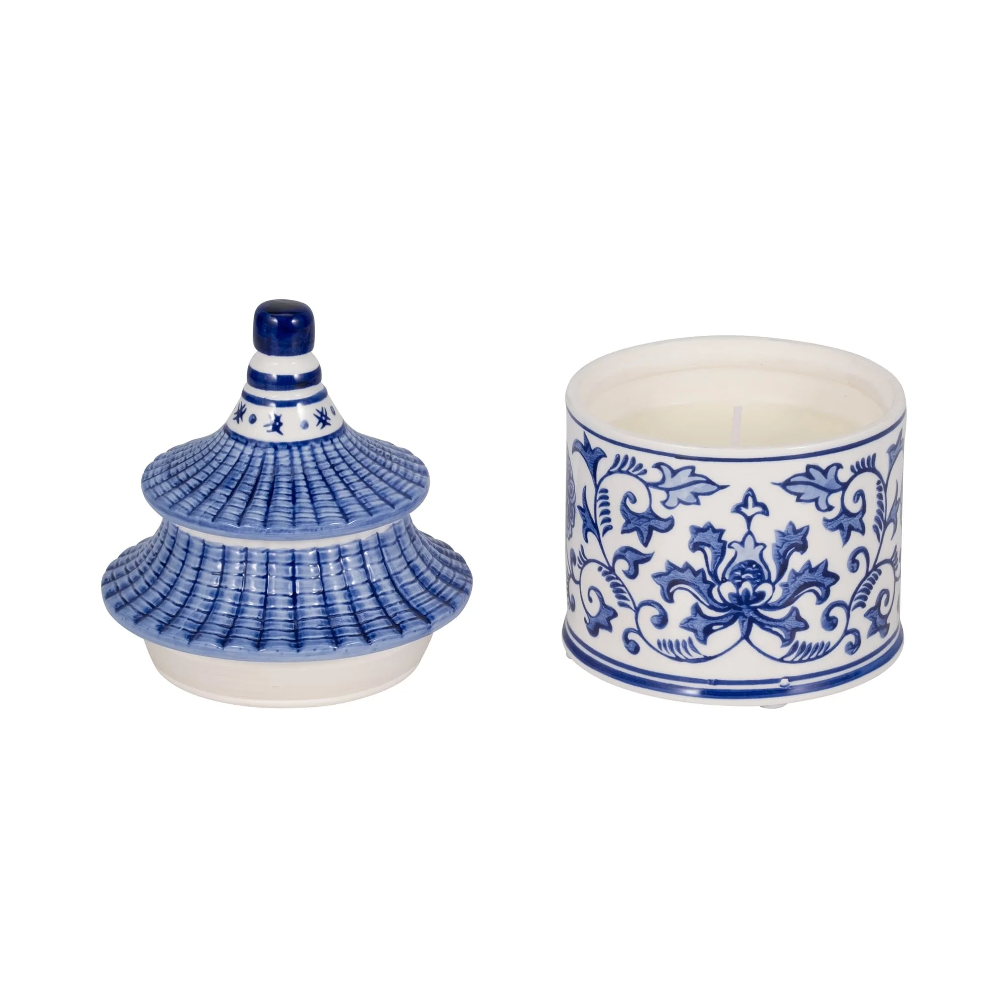8" 9oz Plumeria Chinoiserie Pagoda Candle,blu/wht - Image 2