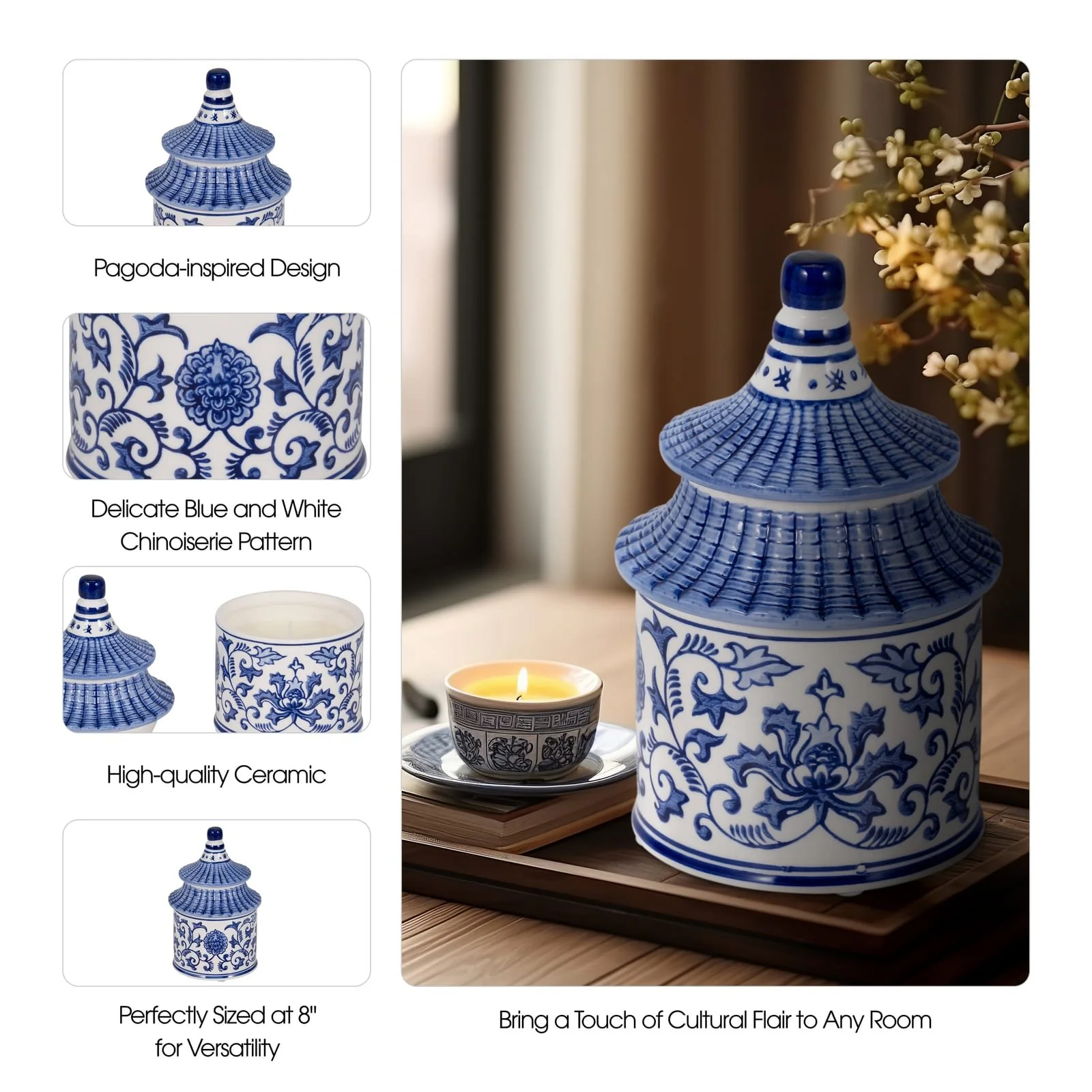 8" 9oz Plumeria Chinoiserie Pagoda Candle,blu/wht - Image 8