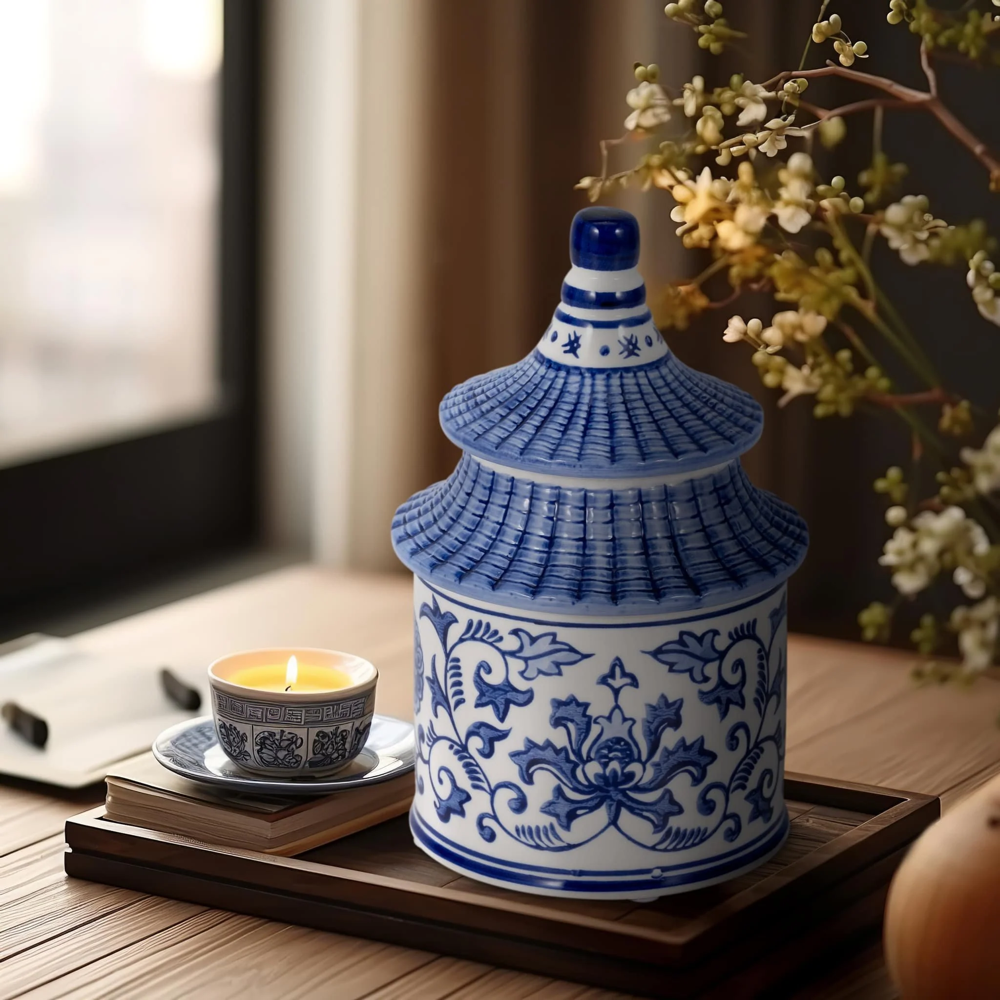 8" 9oz Plumeria Chinoiserie Pagoda Candle,blu/wht - Image 9