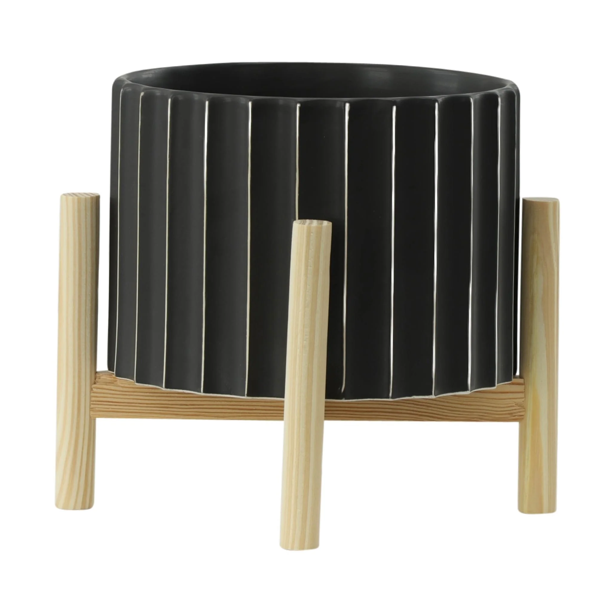 8" Ceramic Fluted Planter W/ Wood Stand, Black - Image 2