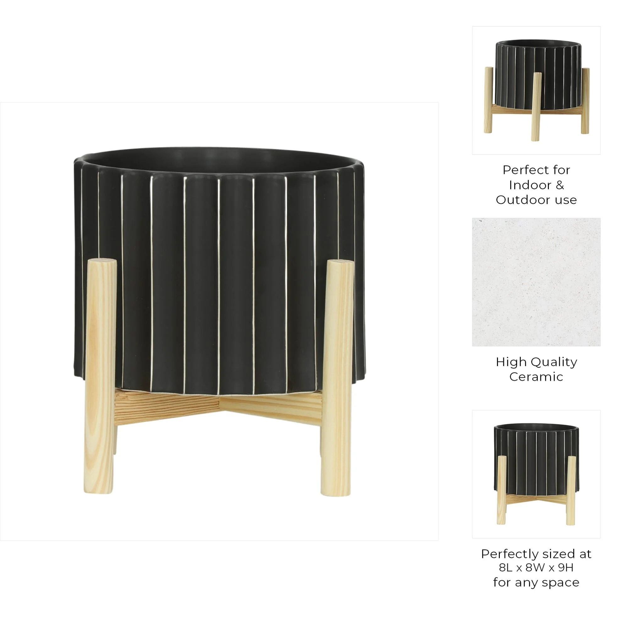8" Ceramic Fluted Planter W/ Wood Stand, Black - Image 9