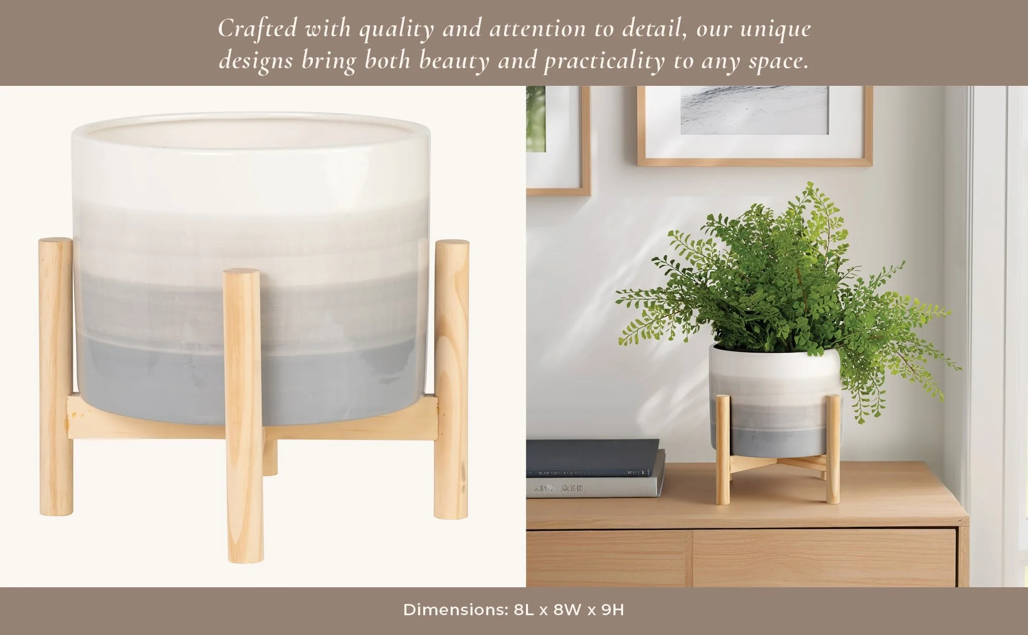 8" Ceramic Planter W/ Wood Stand, Beige Mix - Image 13