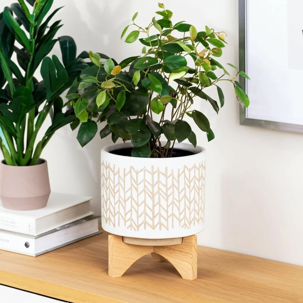 8" Chevron Planter W/ Wood Stand, Beige - Image 13