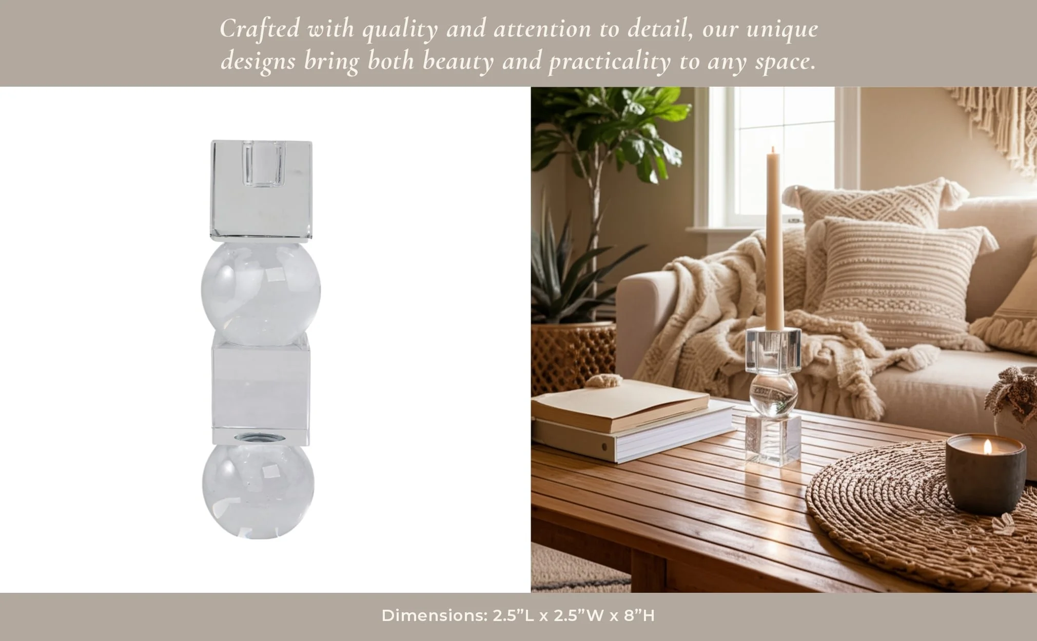 8" Crystal Orbs & Blocks Taper Candleholder, Clear - Image 11