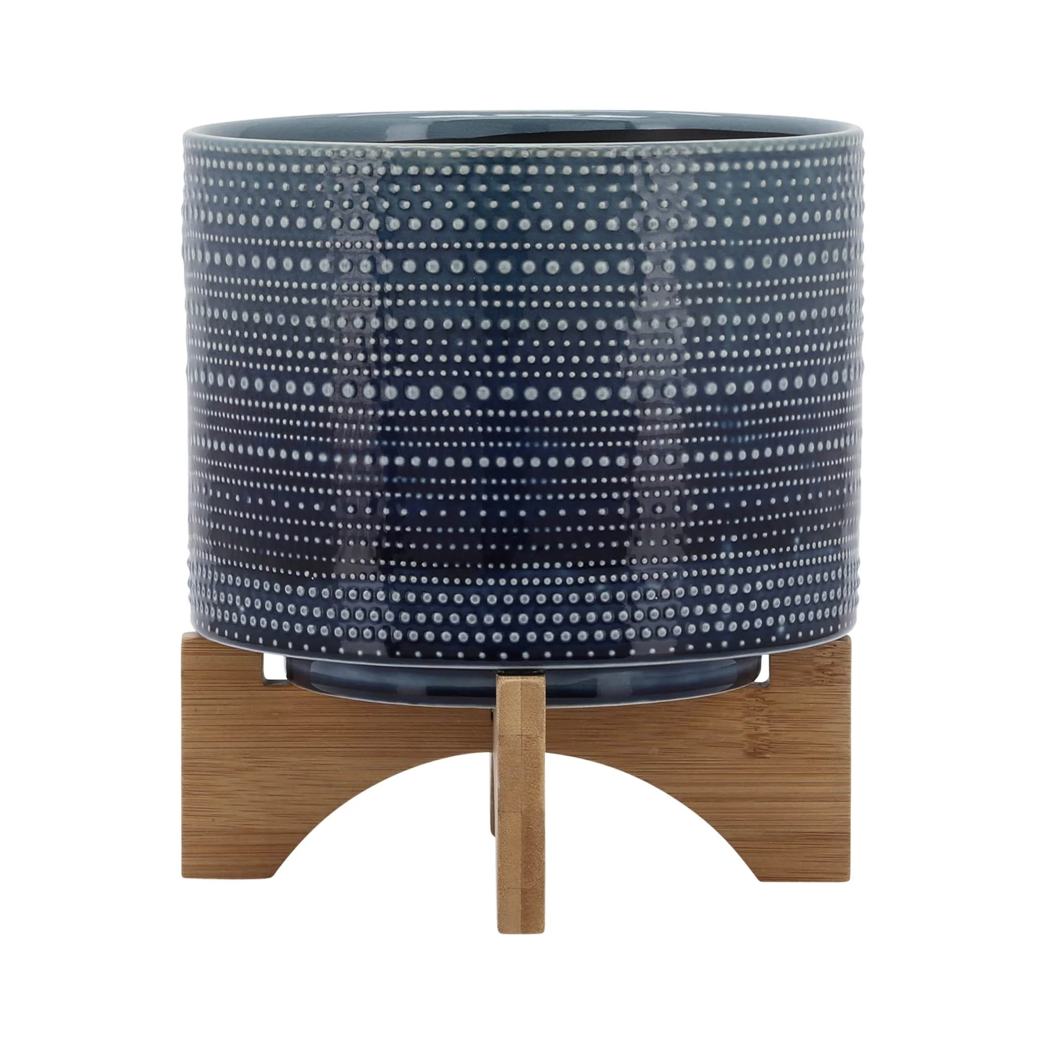 8" Dotted Planter W/ Wood Stand, Blue - Image 2