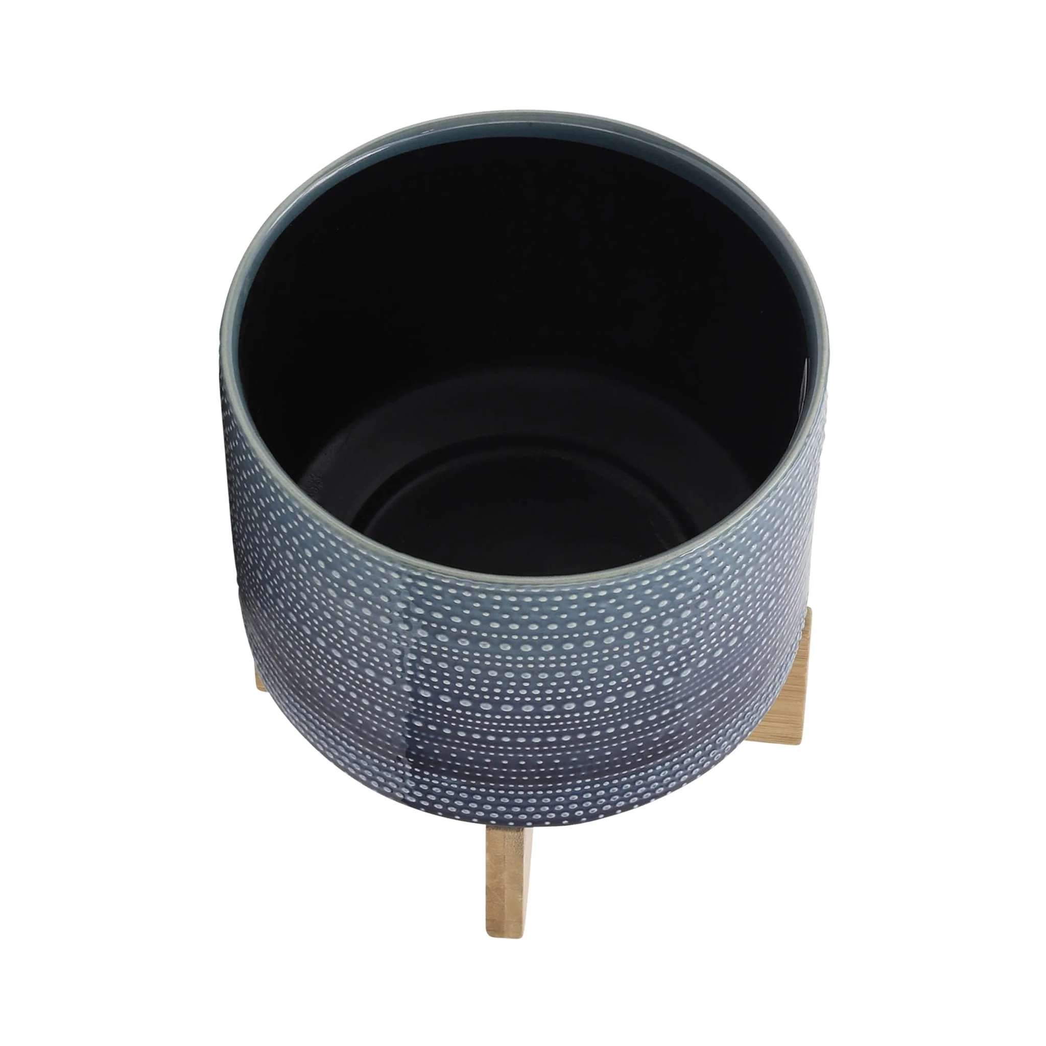 8" Dotted Planter W/ Wood Stand, Blue - Image 4